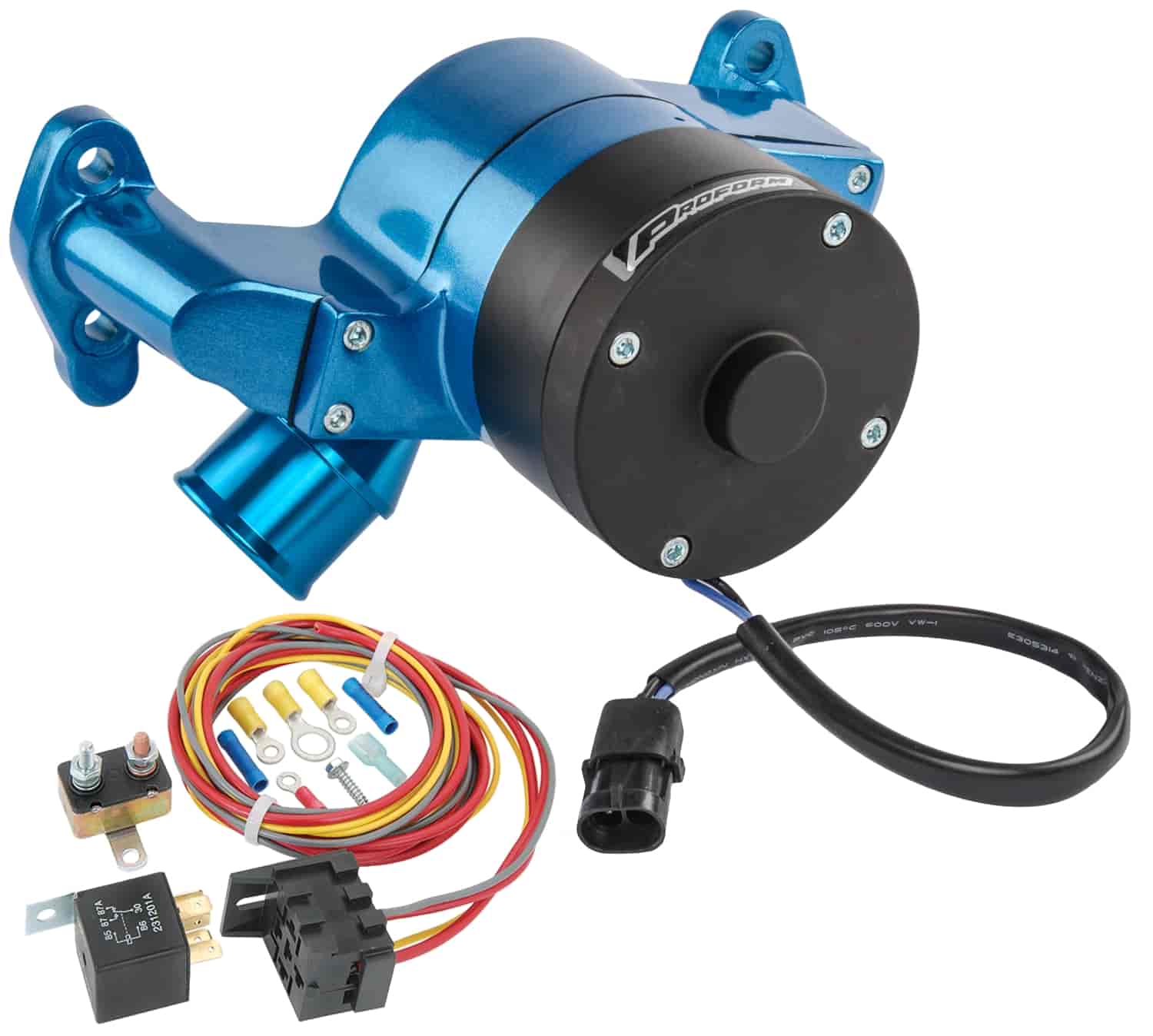Electric Water Pump Kit Includes: Blue Small Block Chevy Electric Water Pump, Harness & Relay Kit