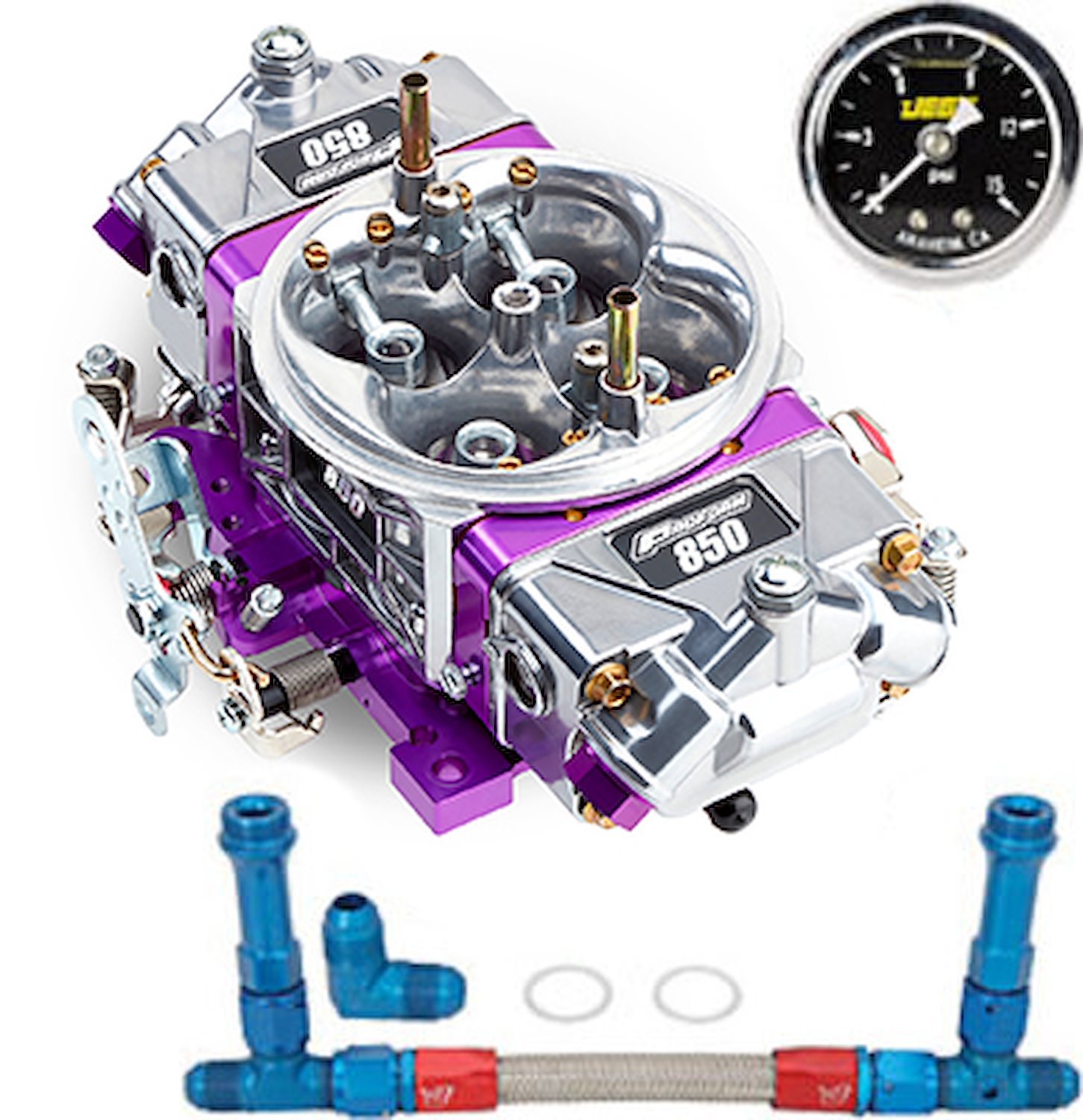 Race Series 850 CFM Drag Race Gasoline Carburetor Kit w/Blue/Red -8AN Dual Feed Fuel Line and Gauge