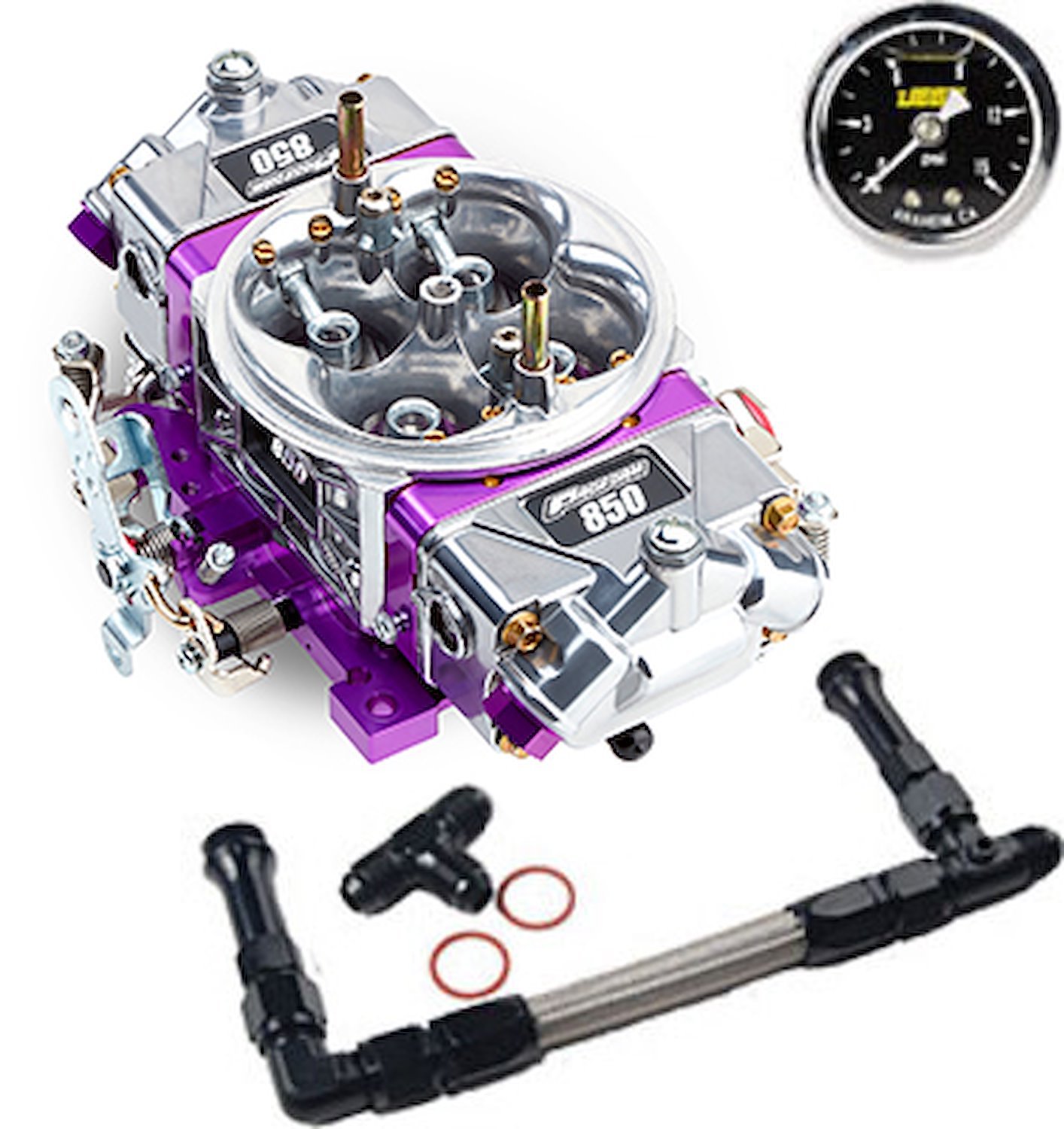 Race Series 850 CFM Drag Race Gasoline Carburetor Kit w/Black -8AN Dual Feed Fuel Line and Gauge
