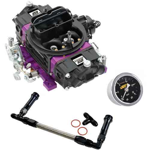 Street Series Mechanical Secondary Carburetor Kit 650 cfm in Black Diamond Finish with -6AN Dual Feed Fuel Line and Gauge