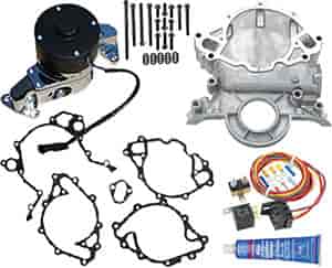 Electric Water Pump Kit for Small Block Ford Includes: Chrome Water Pump,Timing Cover, Silicone, Bolts, Gaskets, & Harness/Relay