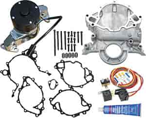 Electric Water Pump Kit for Small Block Ford Includes: Polished Water Pump,Timing Cover, Silicone, Bolts, Gaskets, & Relay Kit