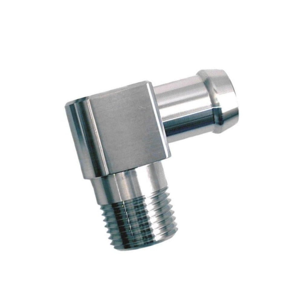 Heater Hose Fitting, 90-Degree, 1/2 in. NPT x 5/8 in. Hose Barb, 1 3/4 in. Length [Polished Finish]
