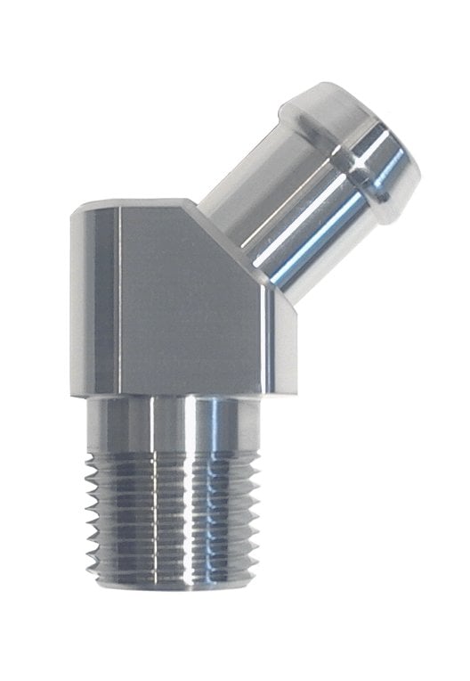 Heater Hose Fitting, 45-Degree, 1/2 in. NPT x 5/8 in. Hose Barb, 1 3/4 in. Length [Natural Finish]