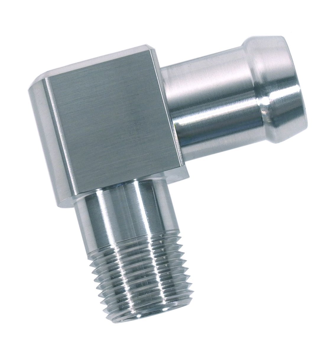 Heater Hose Fitting, 90-Degree, 3/8 in. NPT x 5/8 in. Hose Barb, 1 3/4 in. Length [Natural Finish]