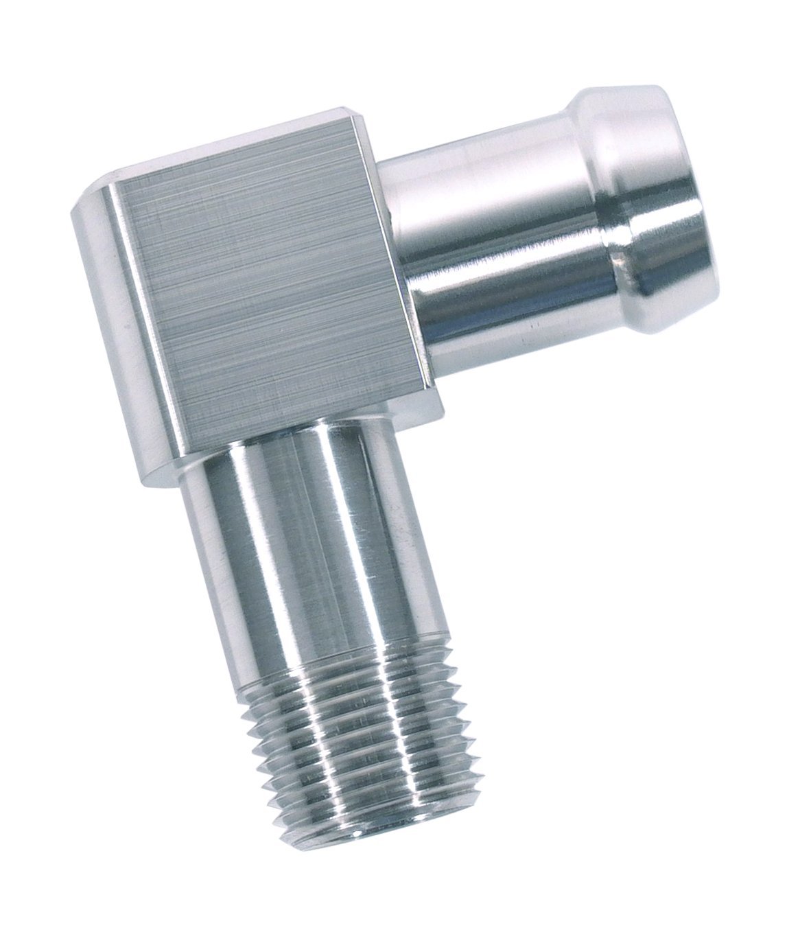 Heater Hose Fitting, 90-Degree, 3/8 in. NPT x 5/8 in. Hose Barb, 2 1/8 in. Length [Polished Finish]