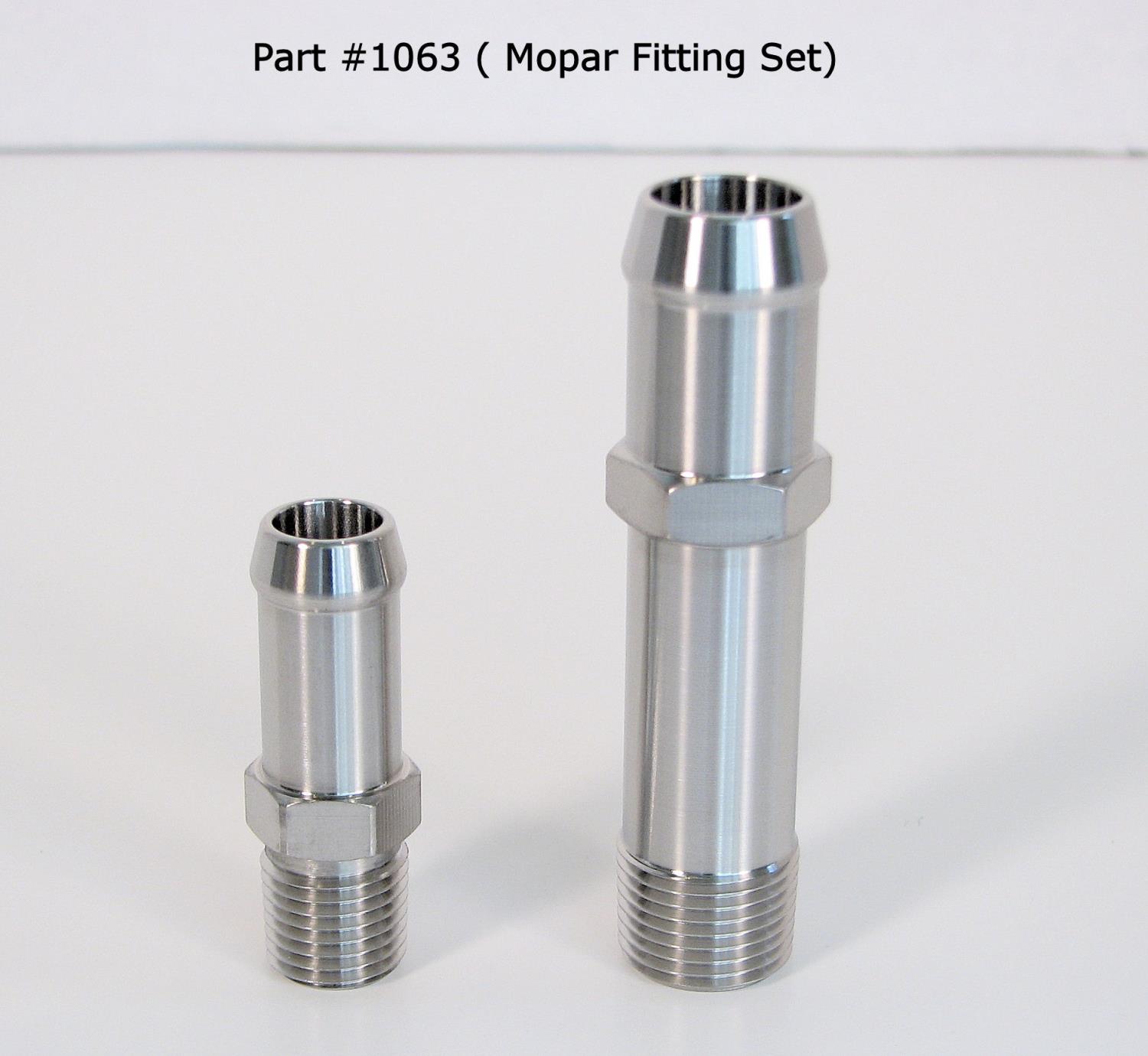 Heater Hose Fitting Set Includes: 3/8 in. NPT x 5/8 in. Hose - 3 in. L, (1) 1/4 in. NPT x 1/2 in. Hose - 1 3/4 in. L [Polished]