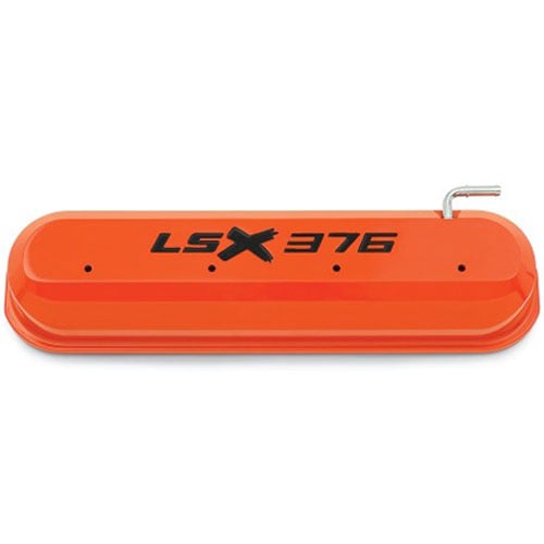 Tall LS Valve Covers with LSX376 Logo in Orange Powder Coated Finish