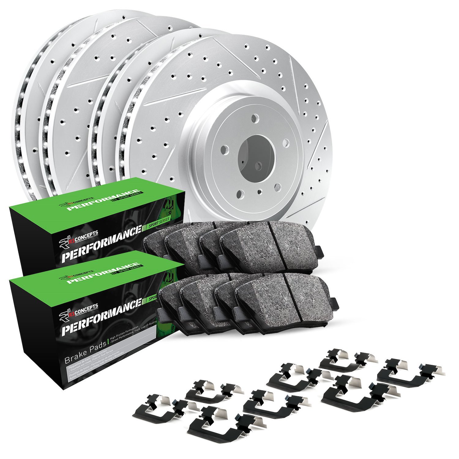 GEO-Carbon Drilled/Slotted Rotors w/Performance Sport Pads/Hardware, 2004-2011 GM, Position: Front/Rear