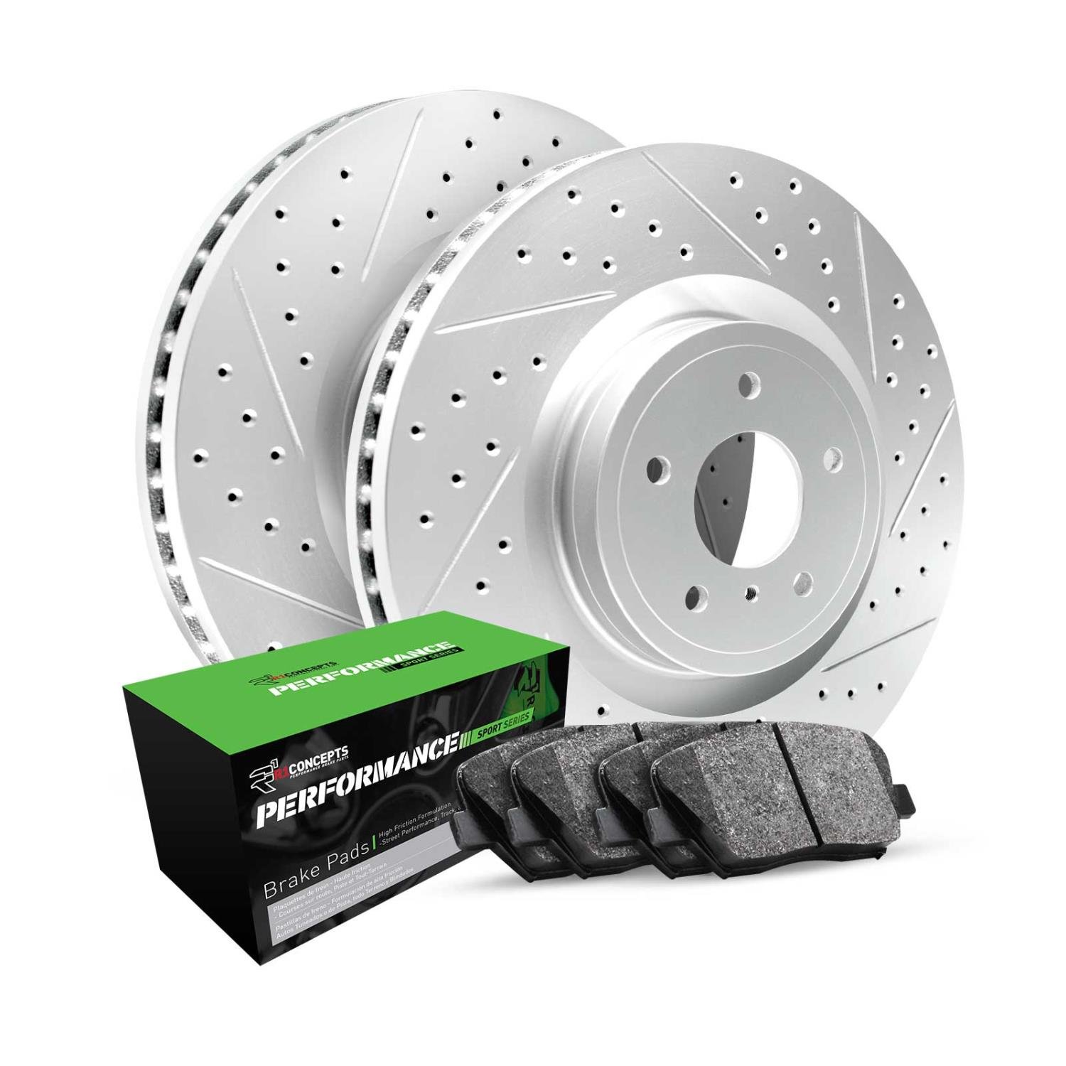 GEO-Carbon Drilled & Slotted Brake Rotor Set w/Performance Sport Pads, 2013-2019 Mercedes-Benz, Position: Front