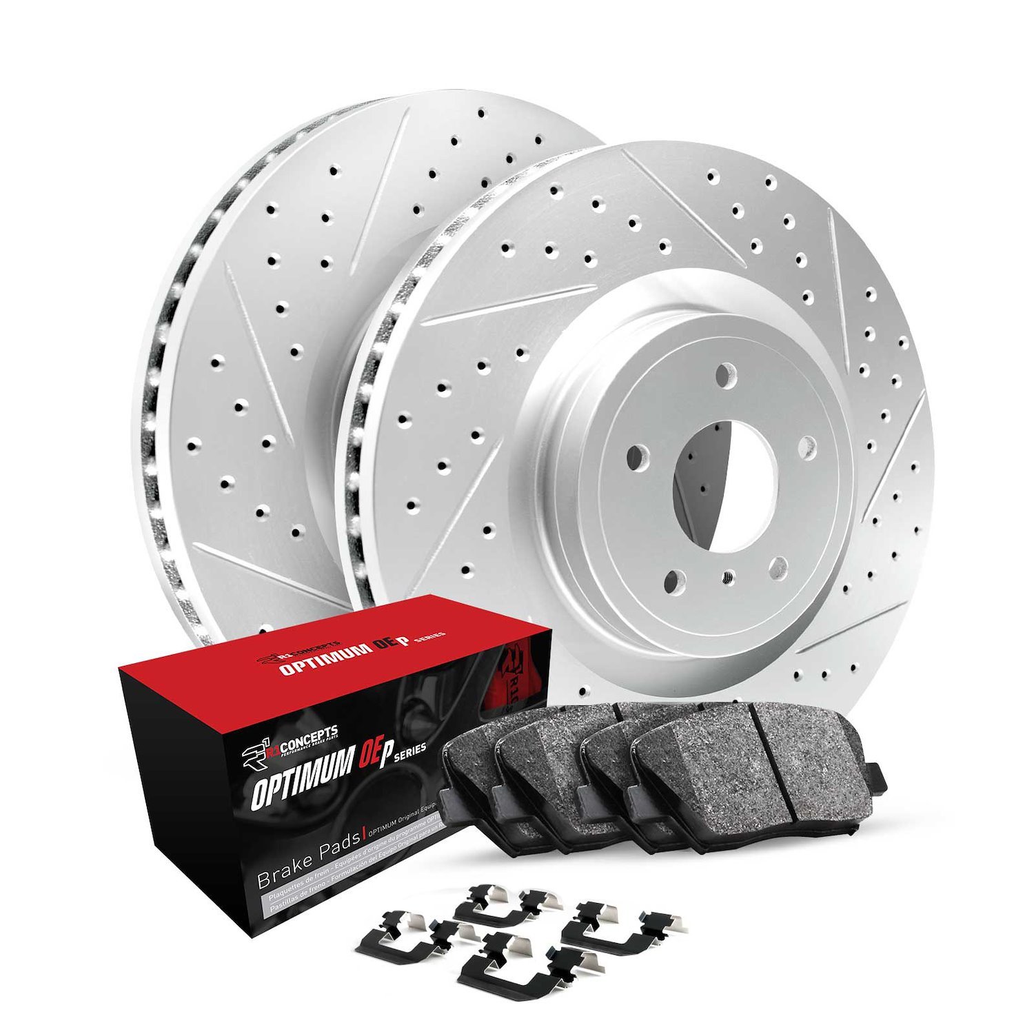 GEO-Carbon Drilled/Slotted Rotors w/Optimum OE Pads/Hardware, Fits Select Mopar, Position: Front