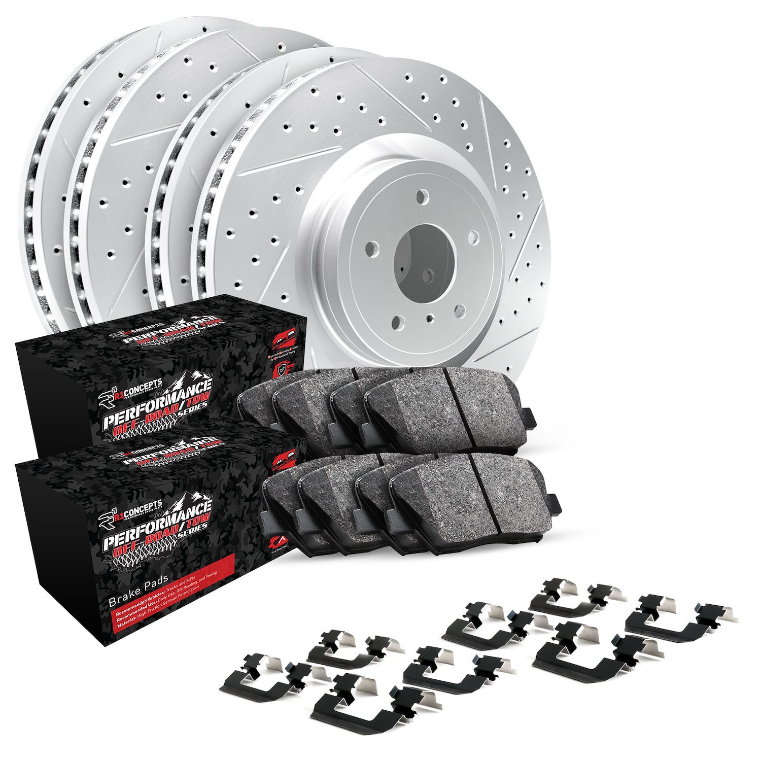 GEO-Carbon Drilled/Slotted Rotors w/Performance Off-Road/Tow Pads/Hardware, 2014-2020 GM, Position: Front/Rear
