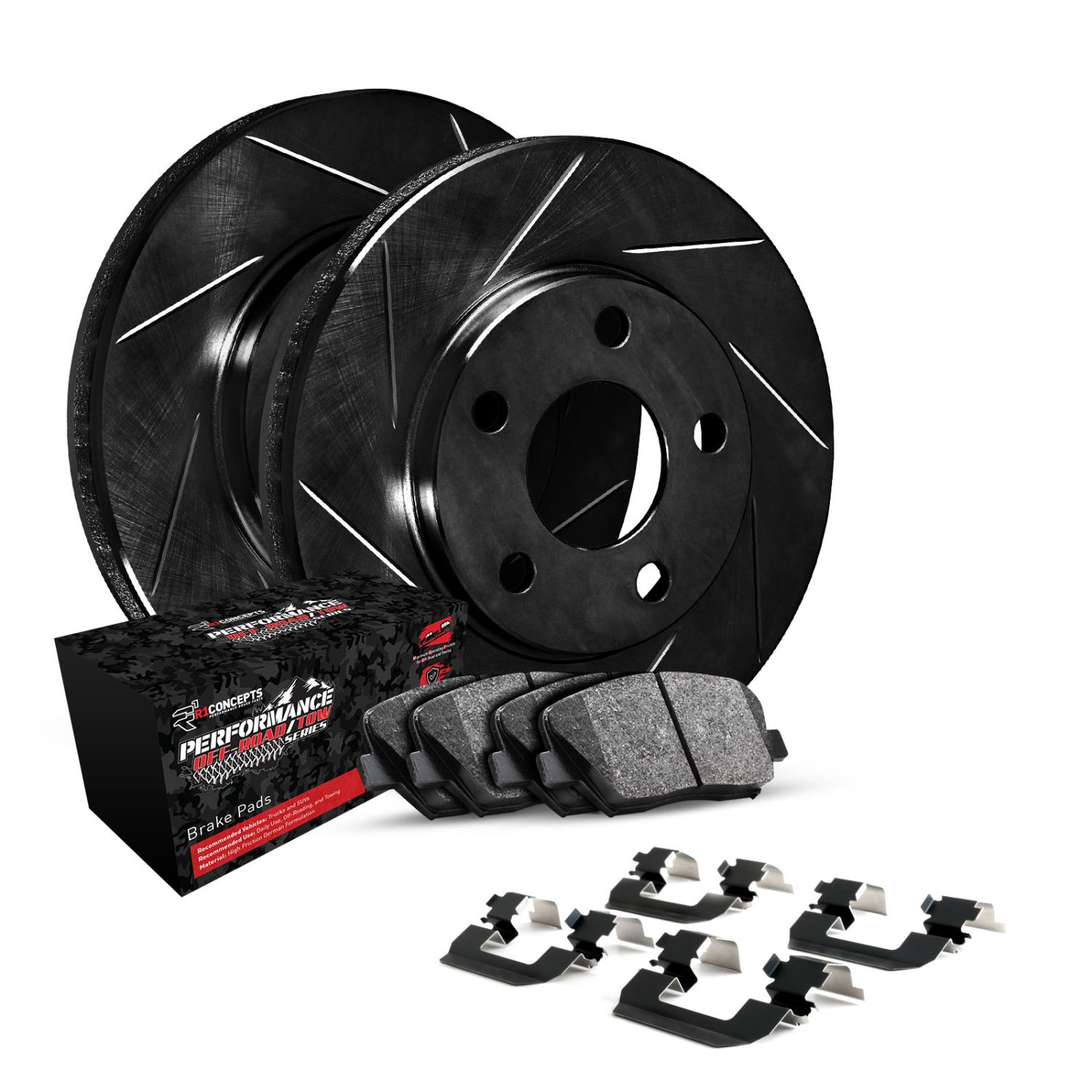 E-Line Slotted Black Brake Rotor Set w/Performance Off-Road/Tow Pads & Hardware, Fits Select Mopar, Position: Front