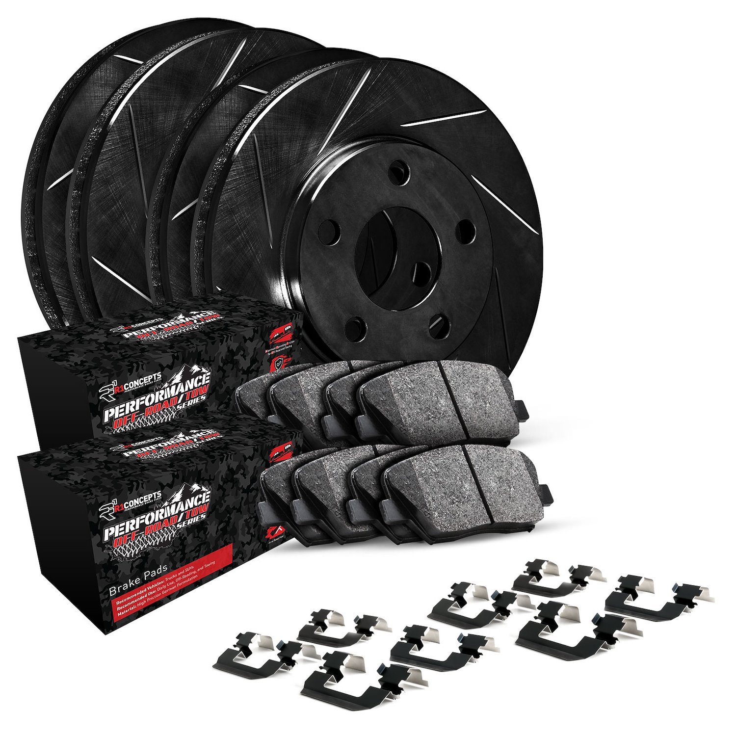 E-Line Slotted Black Brake Rotor Set w/Performance Off-Road/Tow Pads & Hardware, 2011-2012 Mopar, Position: Front & Rear