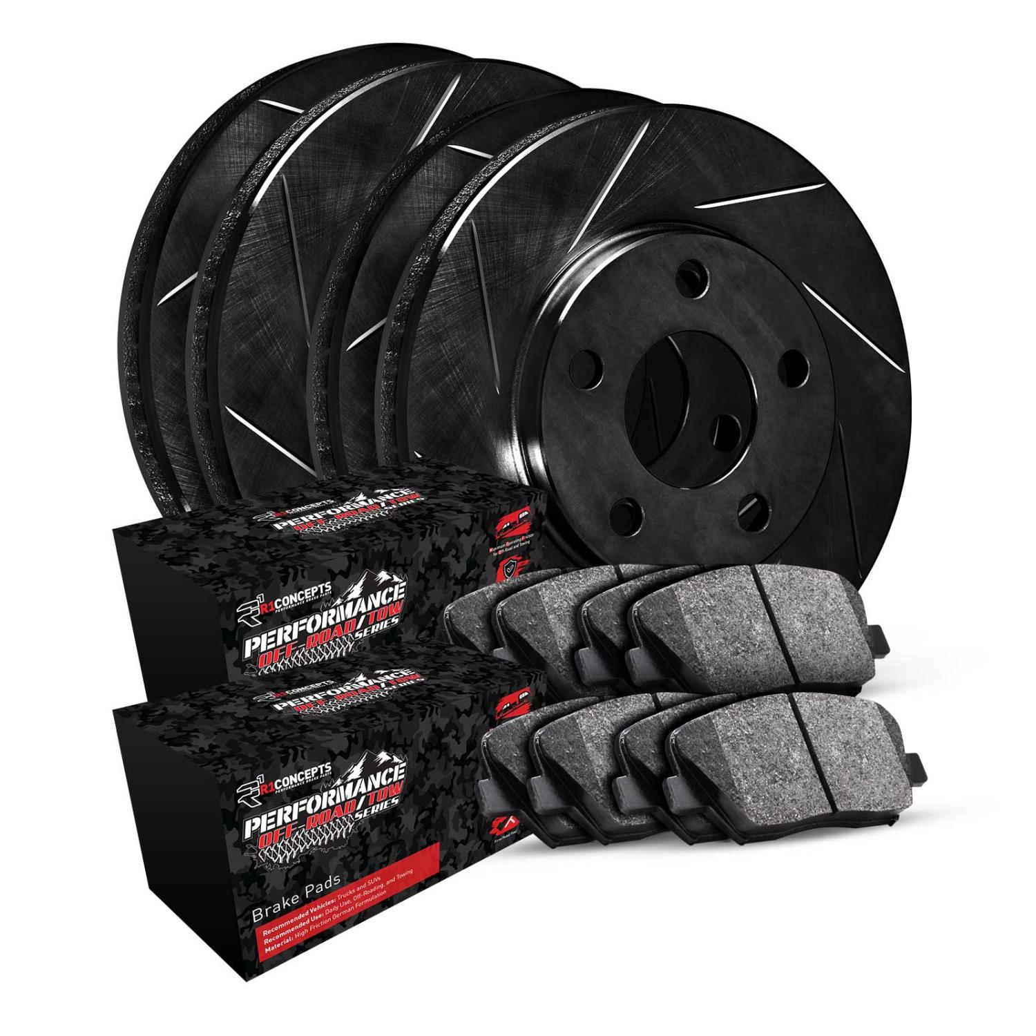 E-Line Slotted Black Brake Rotor Set w/Performance Off-Road/Tow Pads, 2011-2012 Mopar, Position: Front & Rear