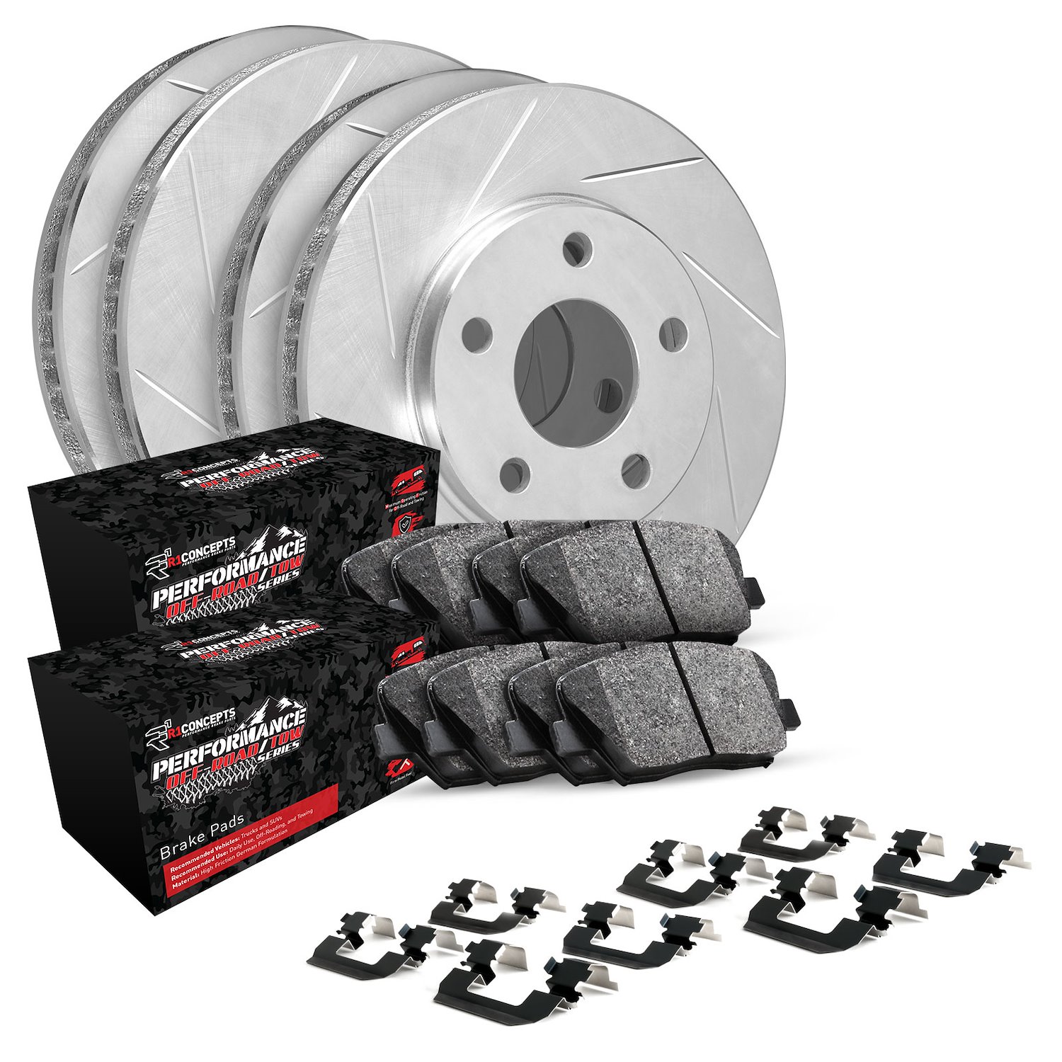 E-Line Slotted Silver Brake Rotor Set w/Performance Off-Road/Tow Pads & Hardware, 2011-2012 Mopar, Position: Front & Rear
