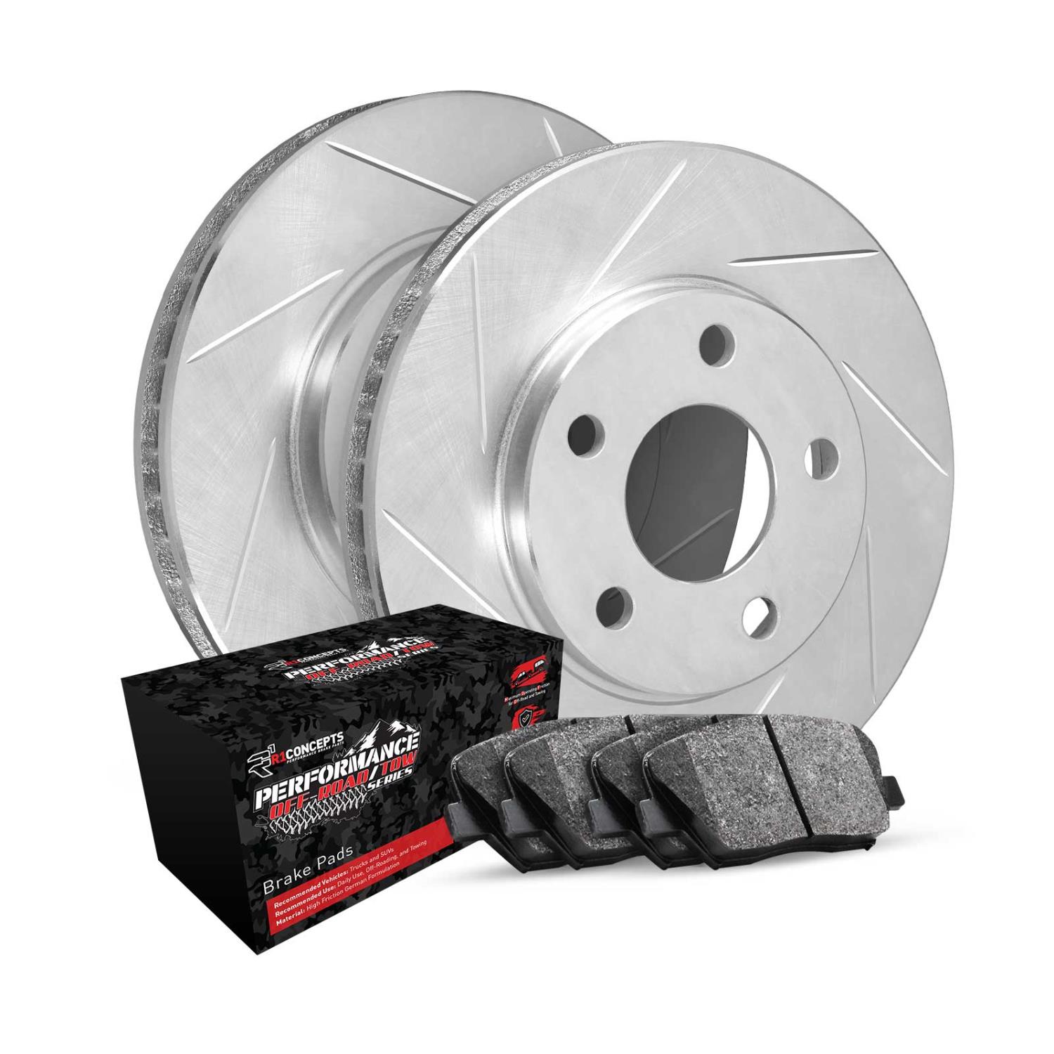 E-Line Slotted Silver Brake Rotor Set w/Performance Off-Road/Tow Pads, 2011-2012 Mopar, Position: Front