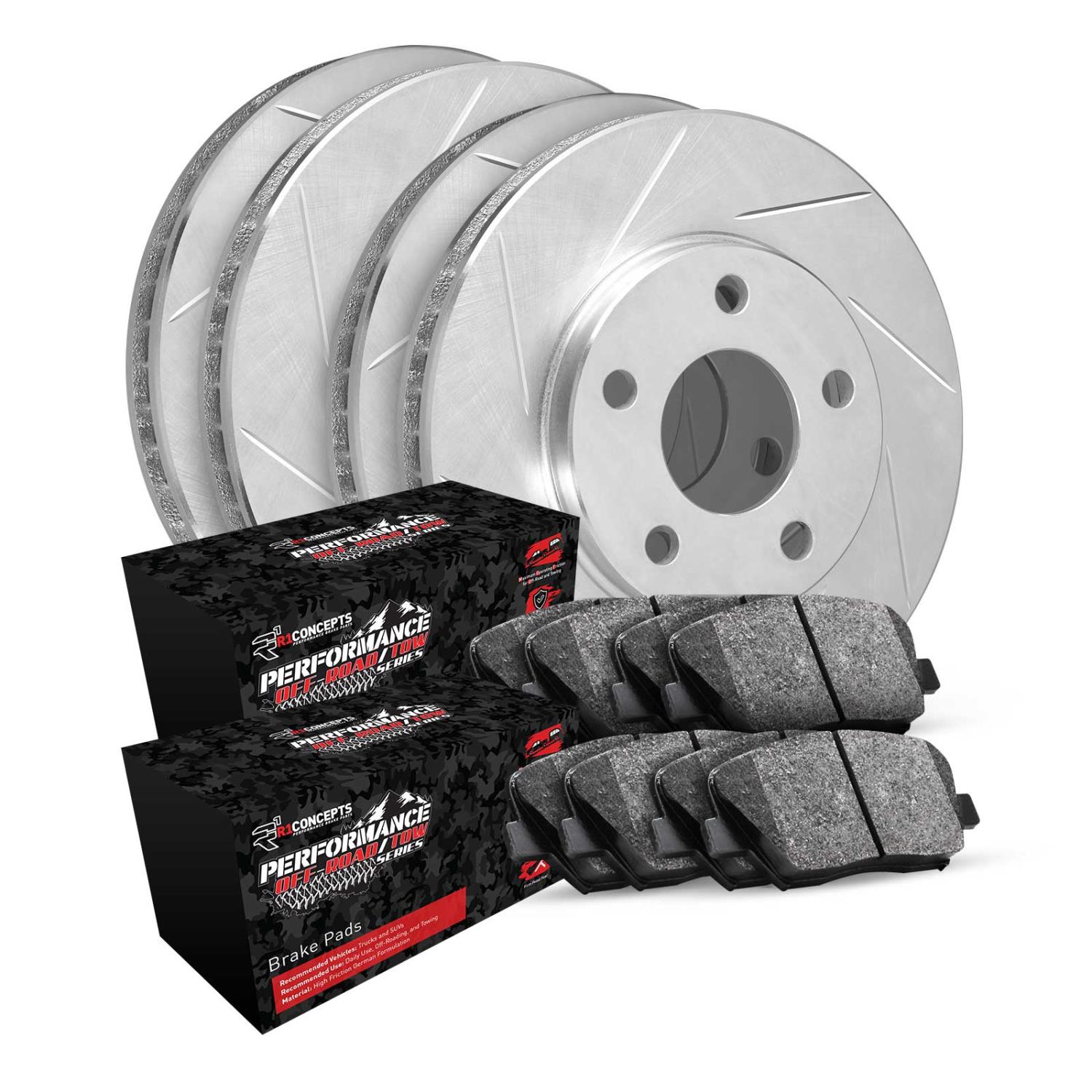 E-Line Slotted Silver Brake Rotor Set w/Performance Off-Road/Tow Pads, 2011-2012 Mopar, Position: Front & Rear