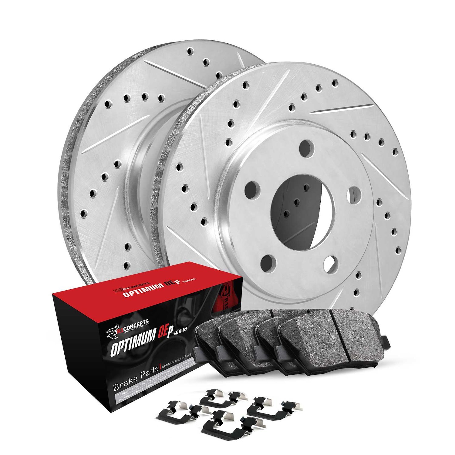 E-Line Drilled & Slotted Silver Rotors w/5000 OEP Pads & Hardware, 2006-2018 Mopar, Position: Front