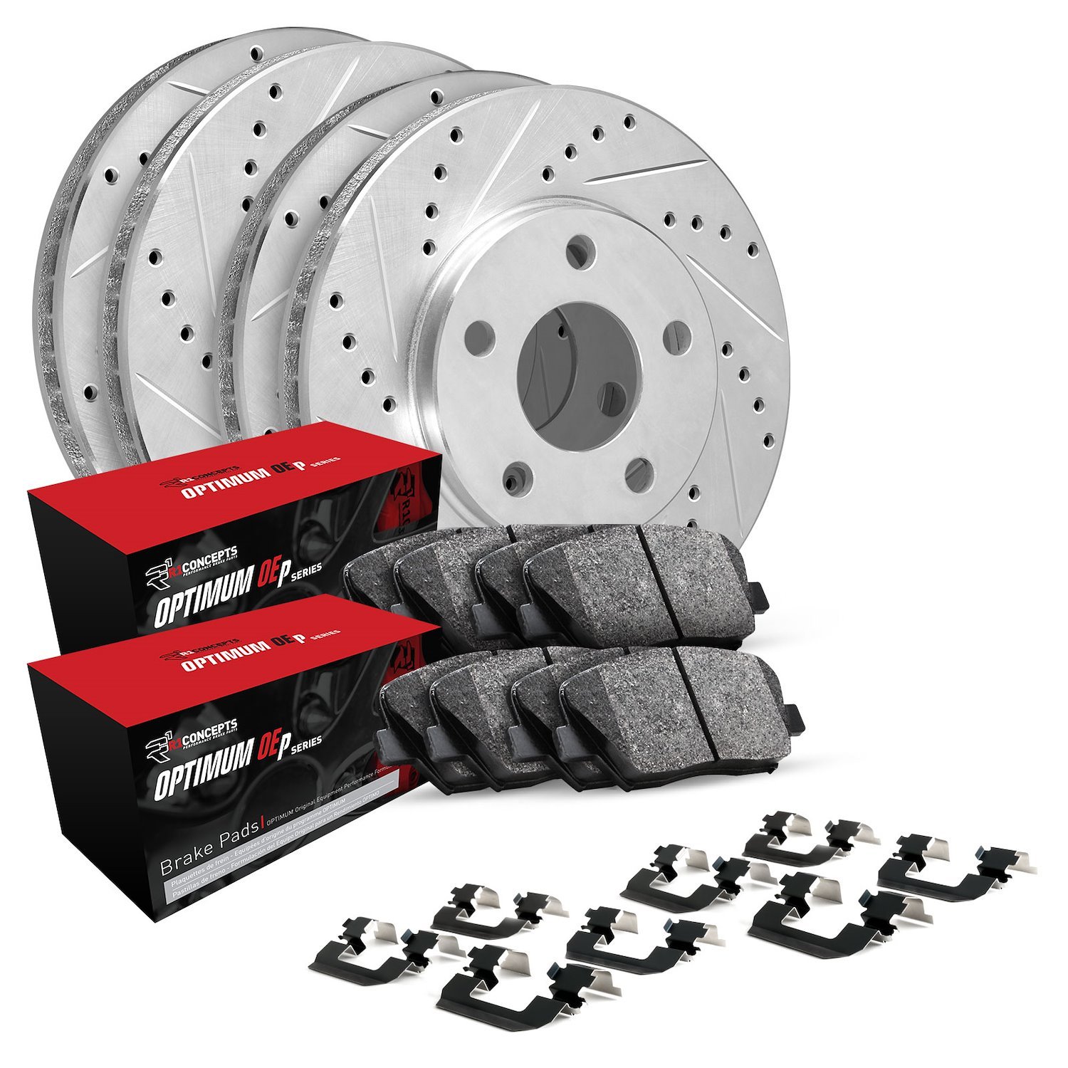 E-Line Drilled & Slotted Silver Brake Rotor Set w/Optimum OE Pads & Hardware, 2017-2021 Alfa Romeo, Position: Front & Rear