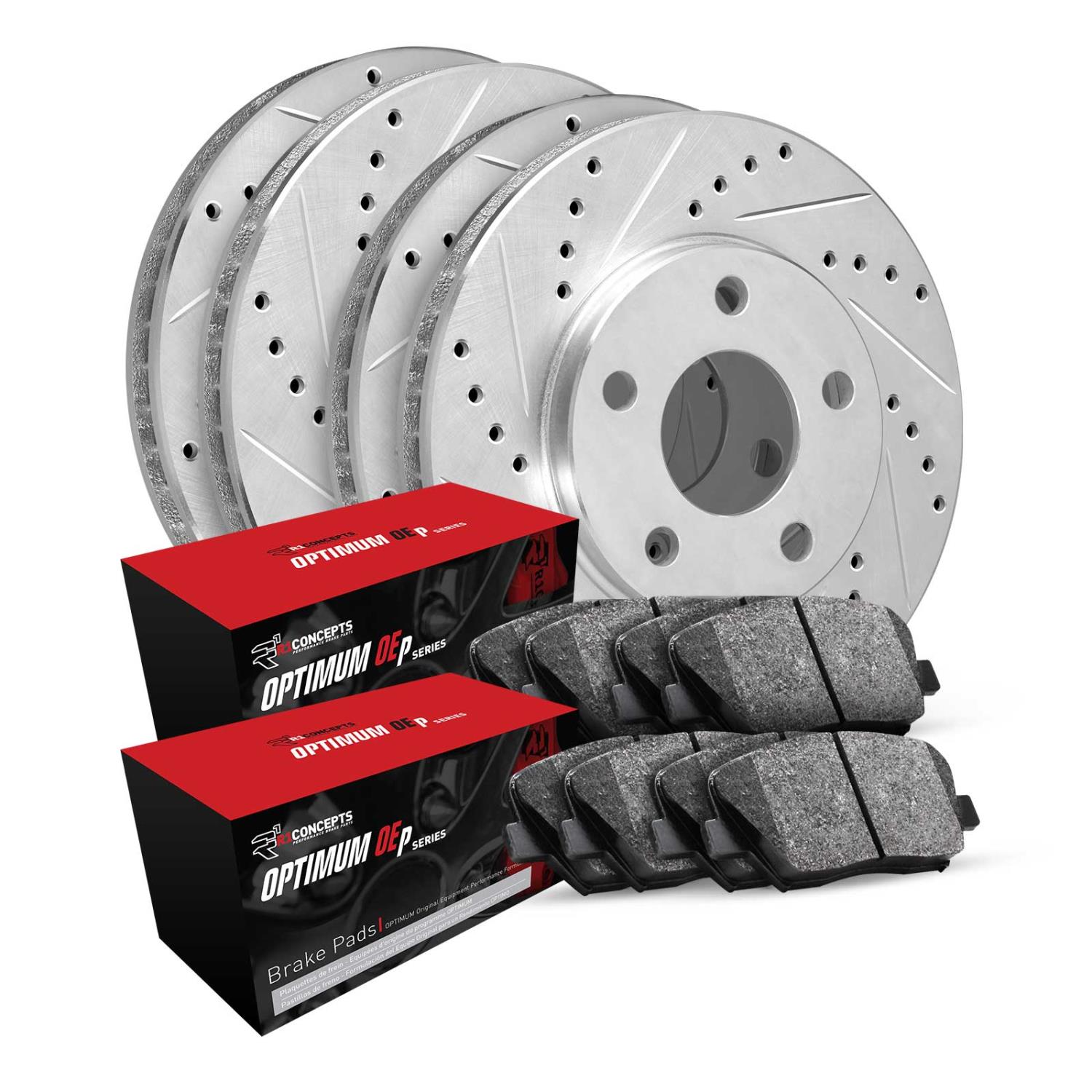 E-Line Drilled & Slotted Silver Brake Rotor Set w/Optimum OE Pads, Fits Select Kia/Hyundai/Genesis, Position: Front & Rear