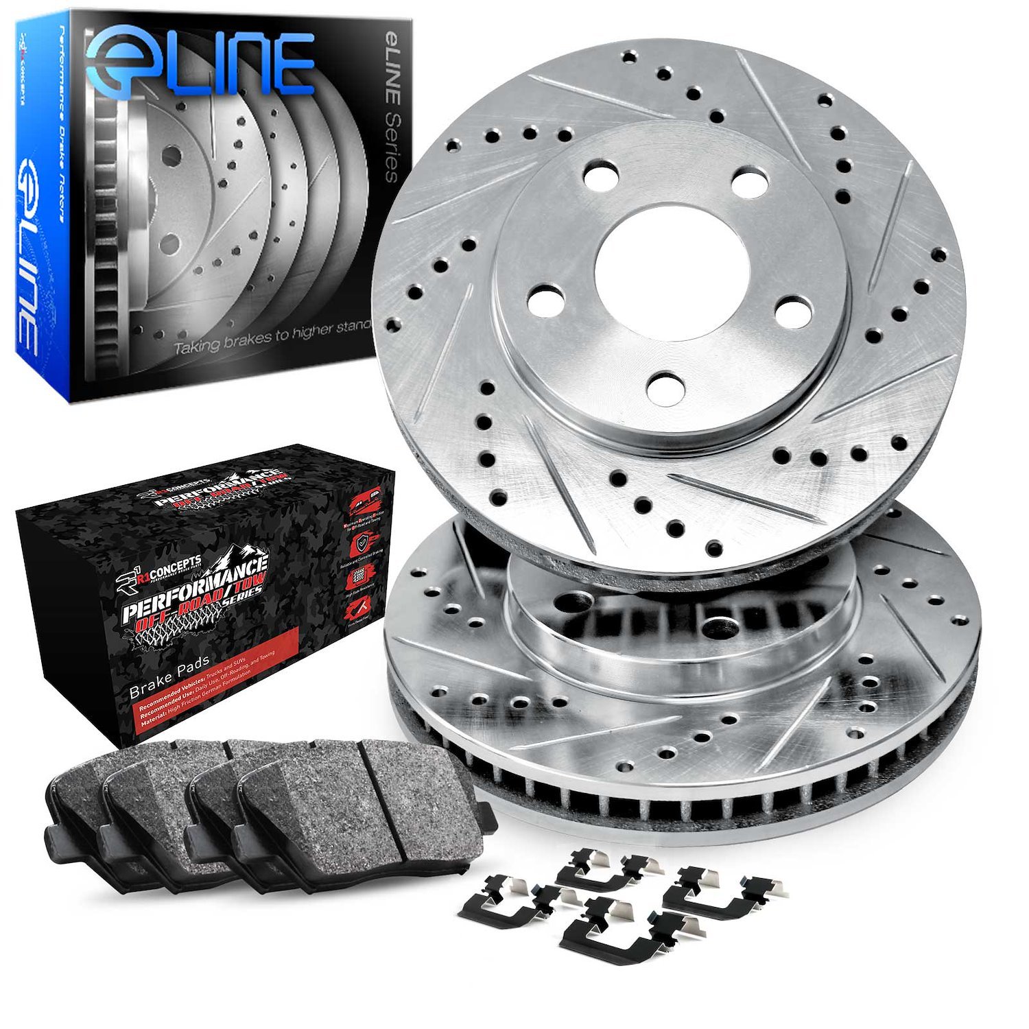 E-Line Drilled & Slotted Silver Rotor Set w/Performance Off-Road/Tow Pads & Hardware, Fits Select Mopar, Position: Front