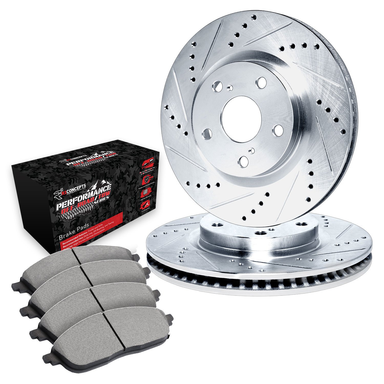 E-Line Drilled & Slotted Silver Brake Rotor Set w/Performance Off-Road/Tow Pads, 2011-2012 Mopar, Position: Front