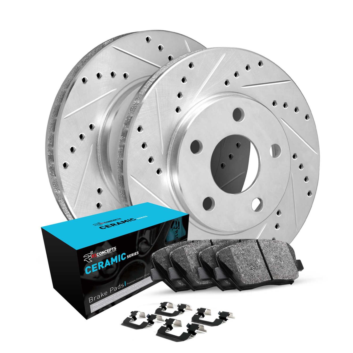E-Line Drilled & Slotted Silver Brake Rotor Set w/Ceramic Pads & Hardware, 2018-2021 Subaru, Position: Front