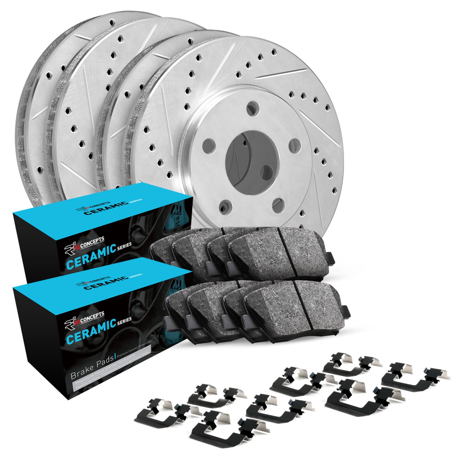 E-Line Drilled & Slotted Silver Brake Rotor w/Ceramic Pads & Hardware, 2010-2014 Subaru, Position: Front & Rear