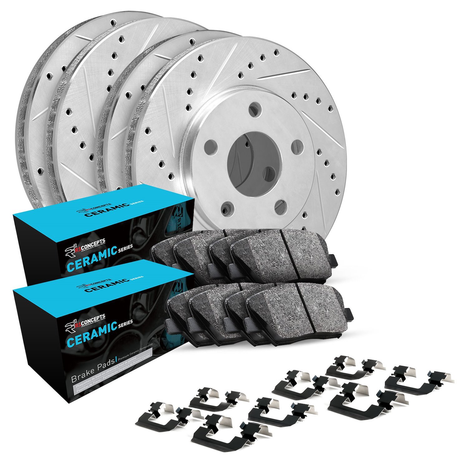 E-Line Drilled & Slotted Silver Brake Rotor Set w/Ceramic Pads & Hardware, 2018-2021 Subaru, Position: Front & Rear