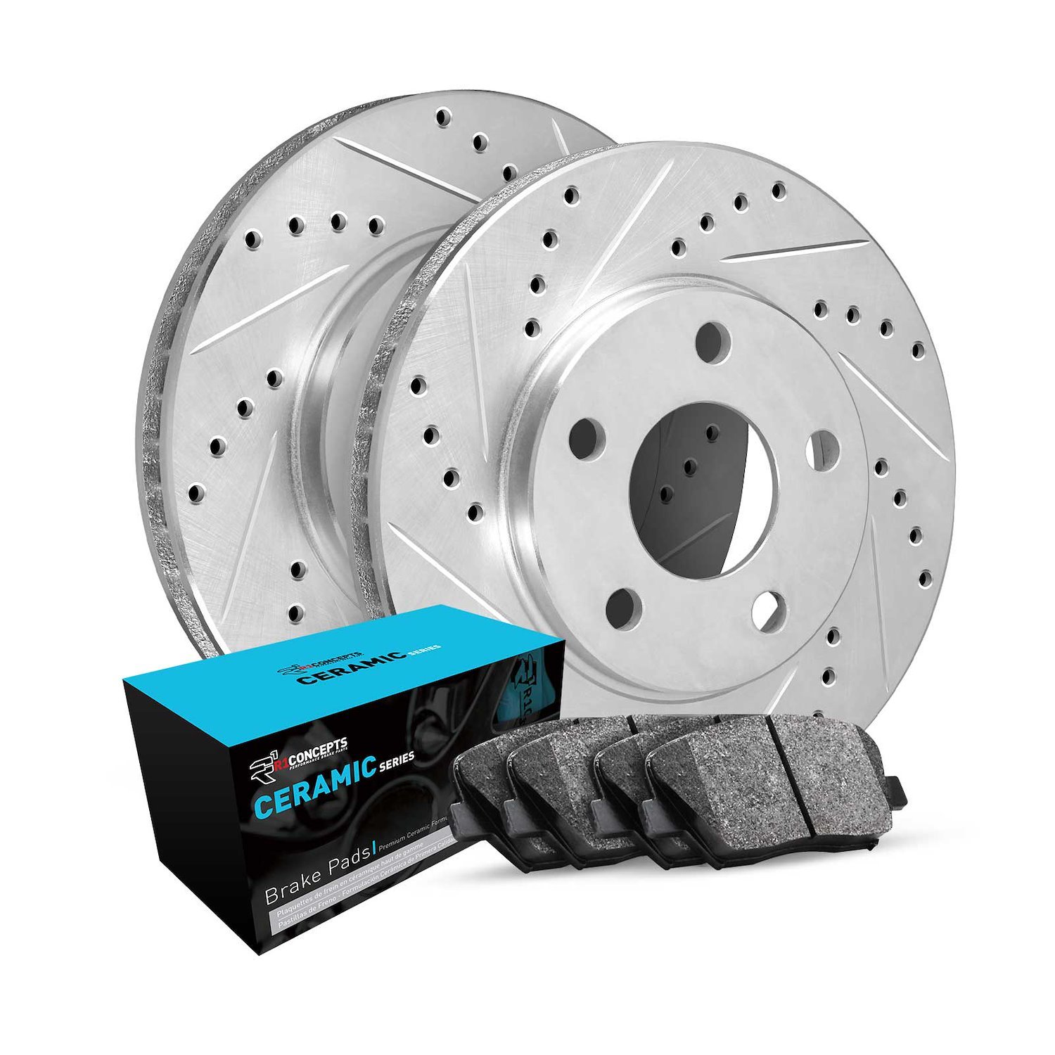 E-Line Drilled & Slotted Silver Brake Rotor w/Ceramic Pads, 2002-2004 Ford/Lincoln/Mercury/Mazda, Position: Rear
