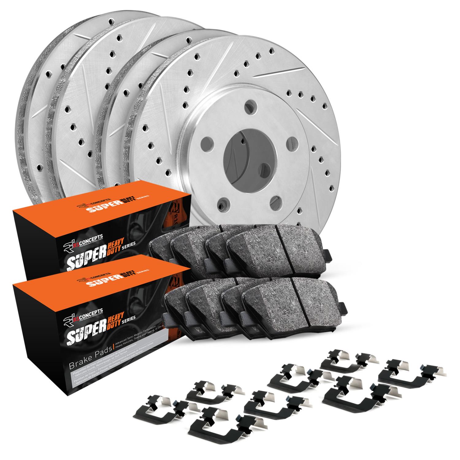 E-Line Drilled/Slotted Silver Rotors/Drums w/Super-Duty Pads/Shoes/Hardware, 1976-1979 Ford/Mazda, Position: Front/Rear