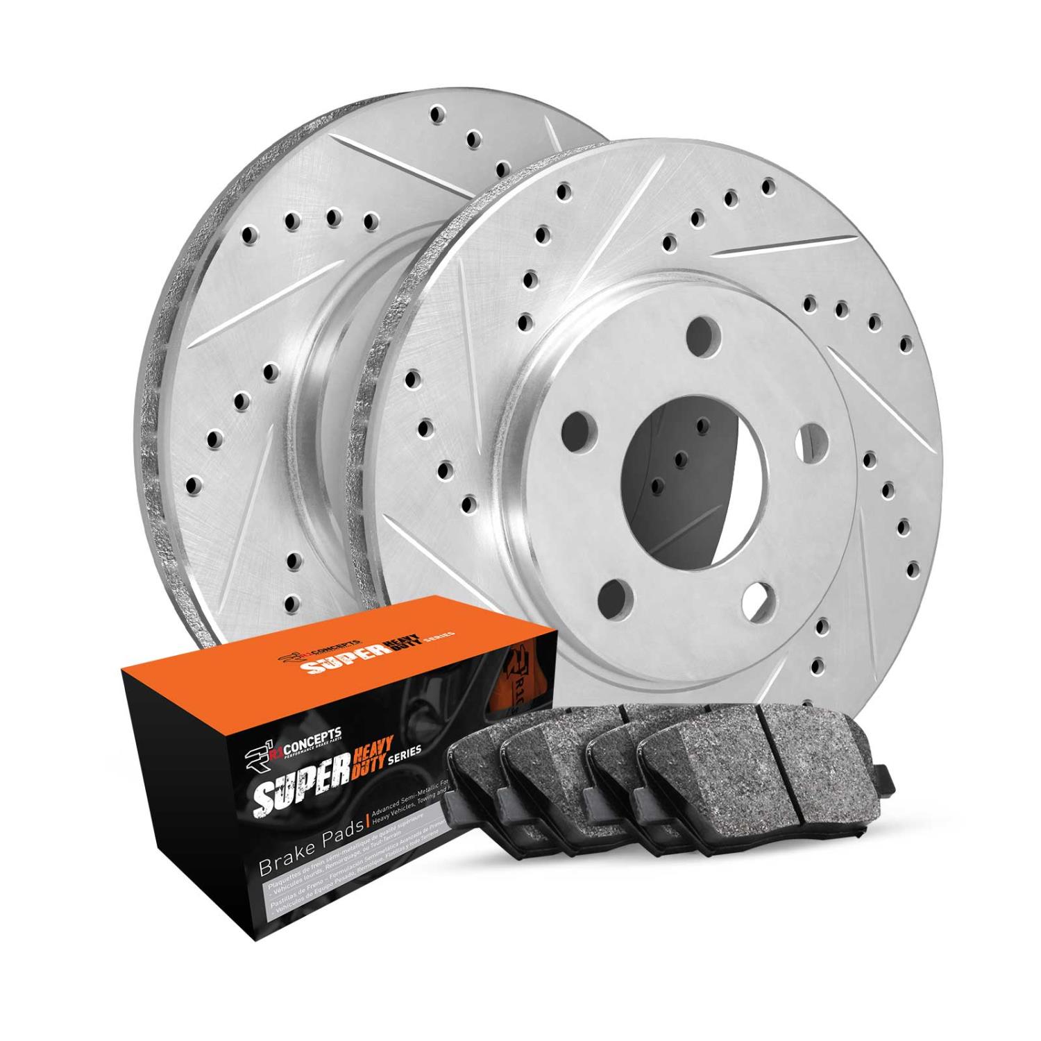E-Line Drilled & Slotted Silver Brake Rotor Set w/Super-Duty Pads, 1990-2002 GM, Position: Front