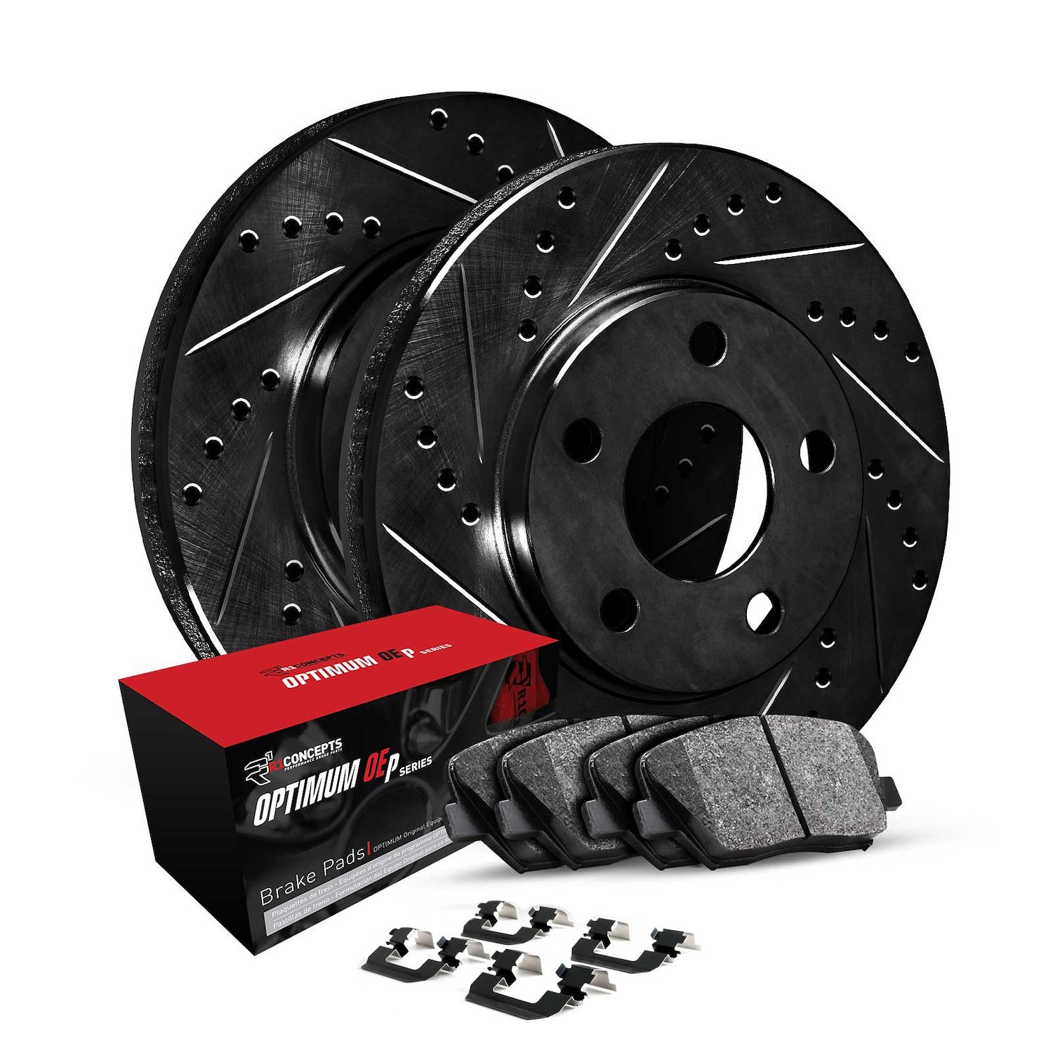 E-Line Drilled & Slotted Black Rotors w/5000 Oep Pads & Hardware Kit, 2005-2009 Land Rover, Position: Front