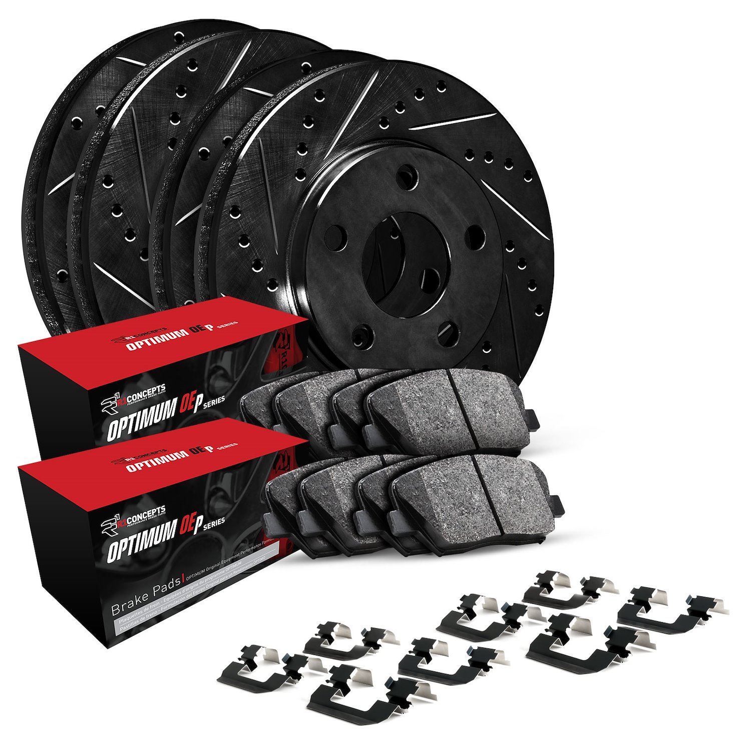 E-Line Drilled & Slotted Black Brake Rotor Set w/Optimum OE Pads & Hardware, Fits Select Mitsubishi, Position: Front & Rear