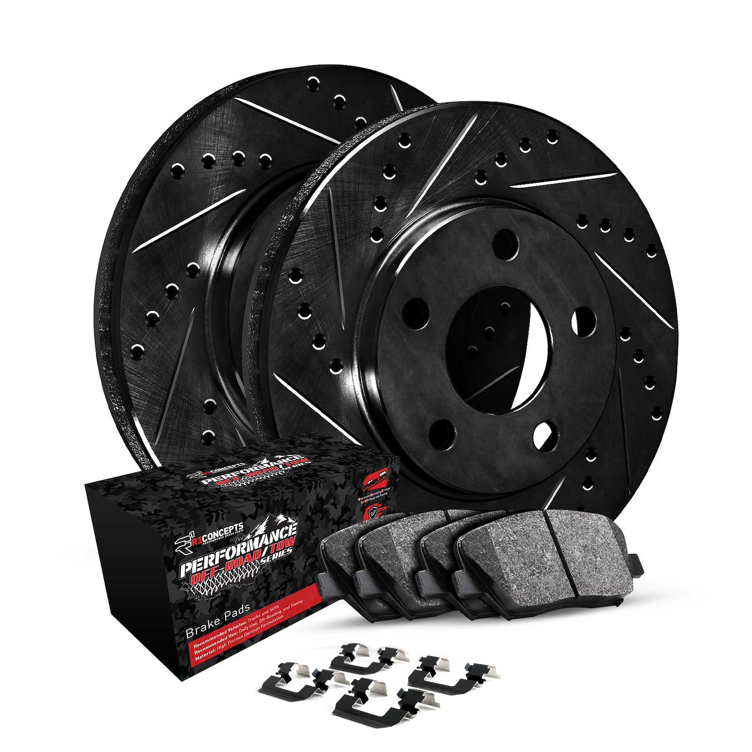 E-Line Drilled/Slotted Black Rotor Set w/Performance Off-Road/Tow Pads & Hardware, 1997-2004 Ford/Lincoln/Mercury/Mazda