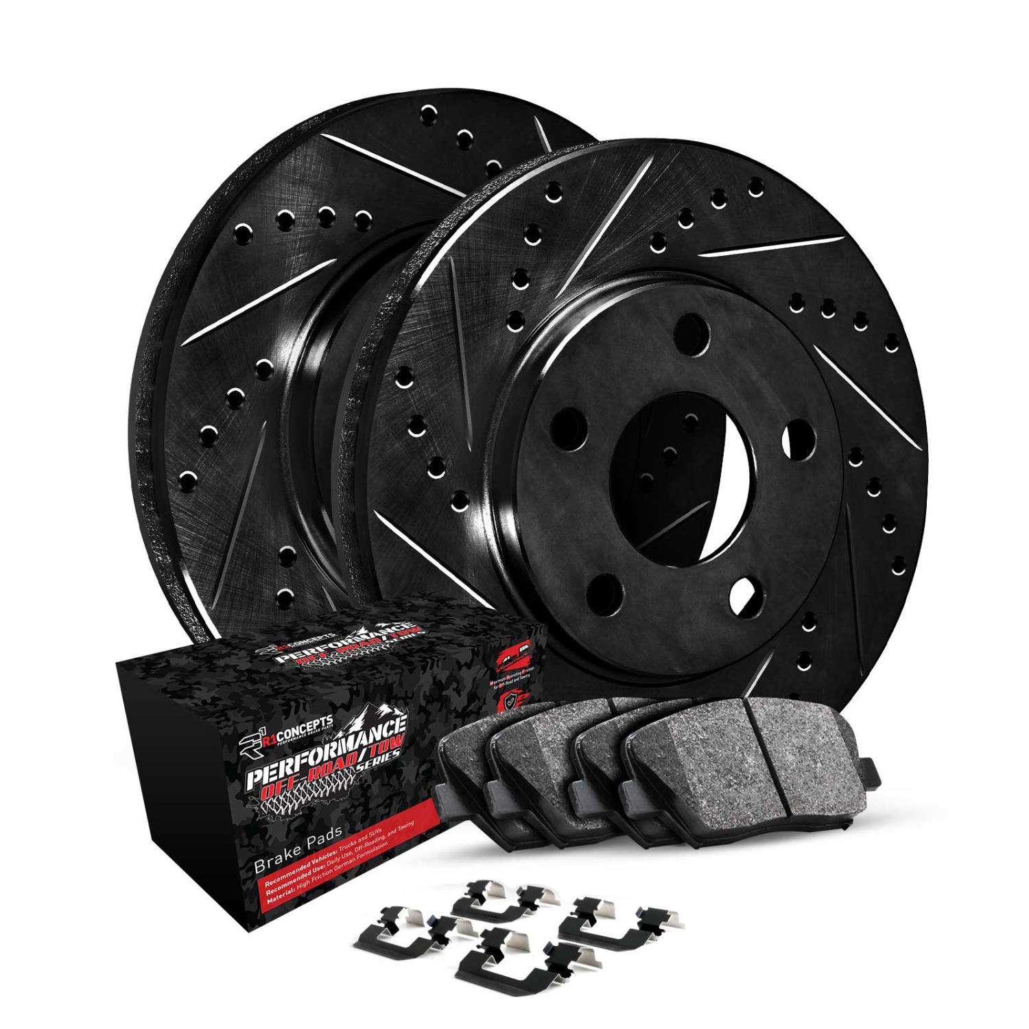 E-Line Drilled/Slotted Black Rotors w/Performance Off-Road/Tow Pads & Hardware, 2005-2011 Ford/Lincoln/Mercury/Mazda
