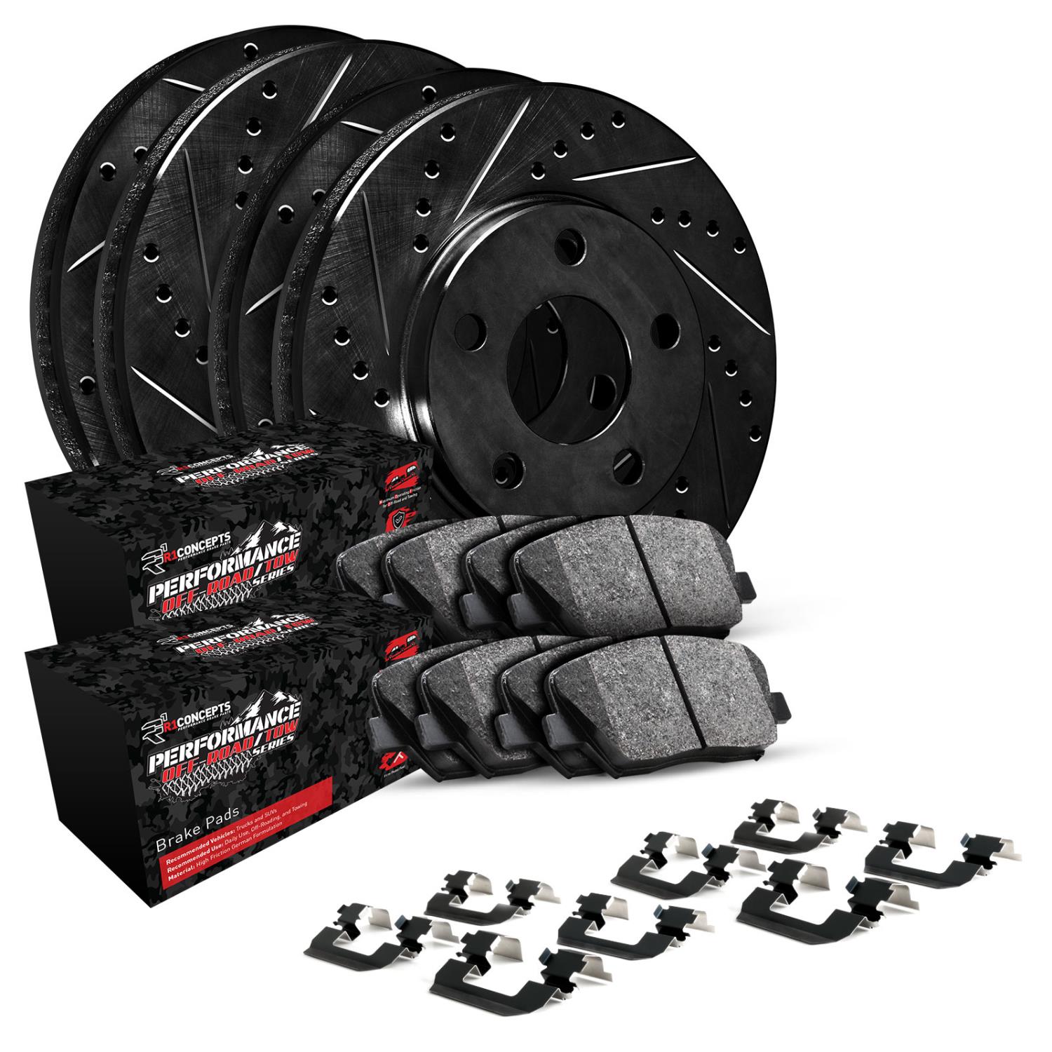 E-Line Drilled/Slotted Black Rotors w/Performance Off-Road/Tow Pads & Hardware, 2014-2020 GM, Position: Front & Rear