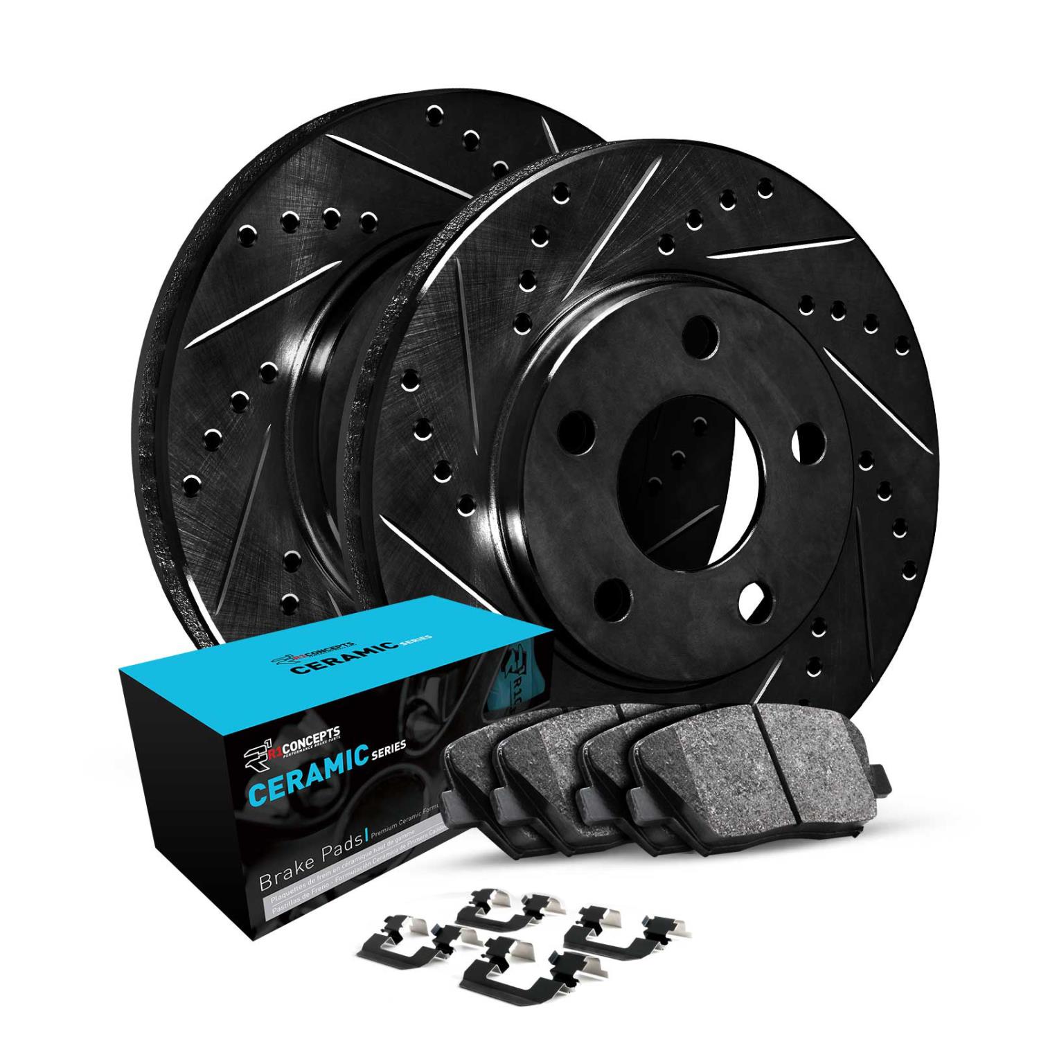 E-Line Drilled & Slotted Black Brake Rotor w/Ceramic Pads & Hardware, 2005-2018 Subaru, Position: Front
