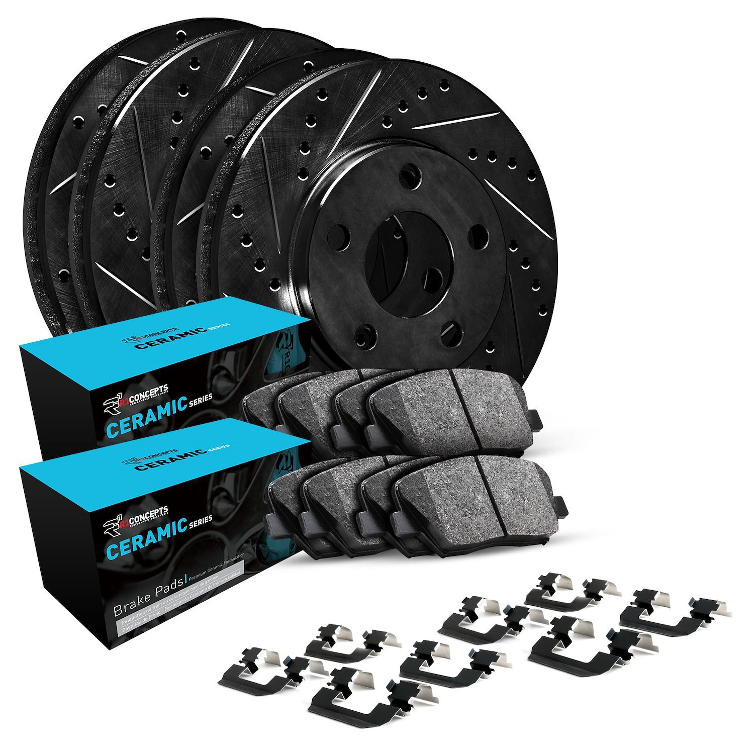 E-Line Drilled & Slotted Black Brake Rotor w/Ceramic Pads & Hardware, 2010-2014 Subaru, Position: Front & Rear