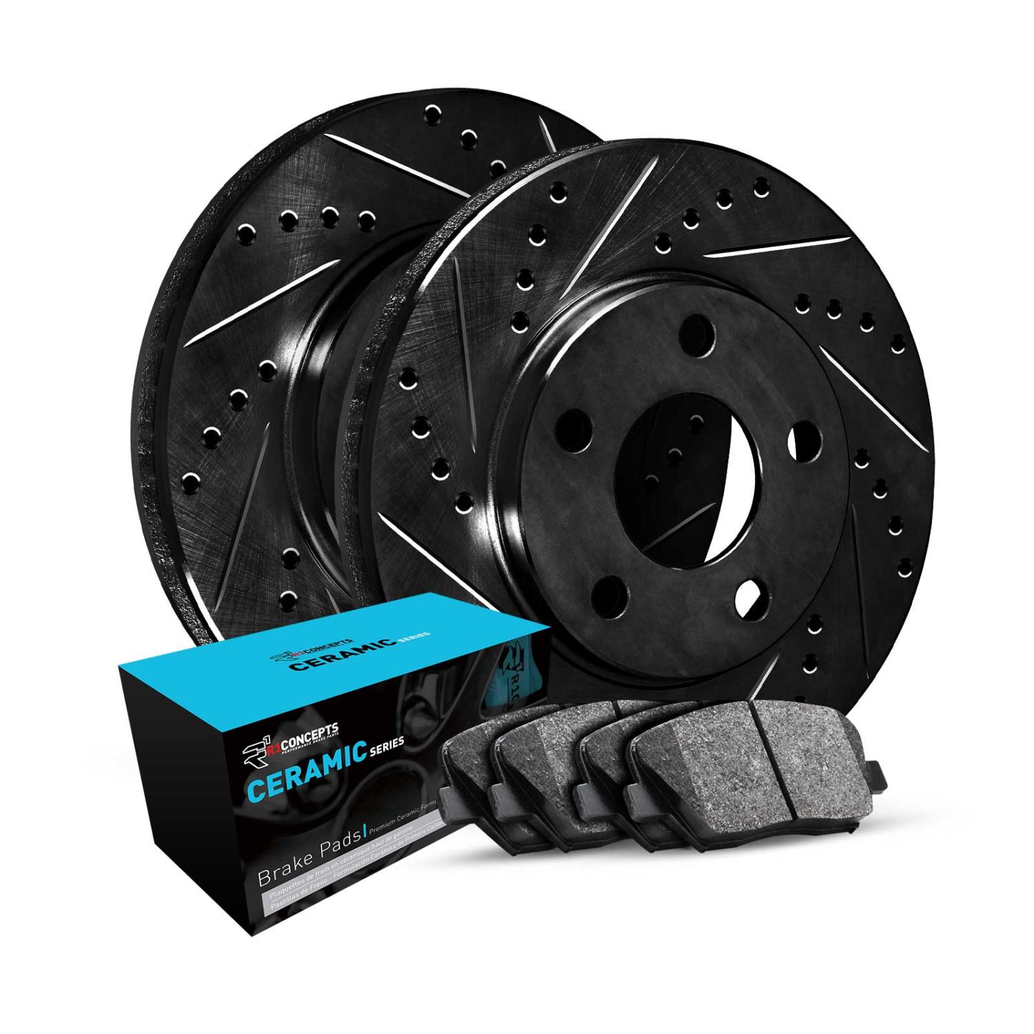 E-Line Drilled & Slotted Black Brake Rotor w/Ceramic Pads, Fits Select Kia/Hyundai/Genesis, Position: Front
