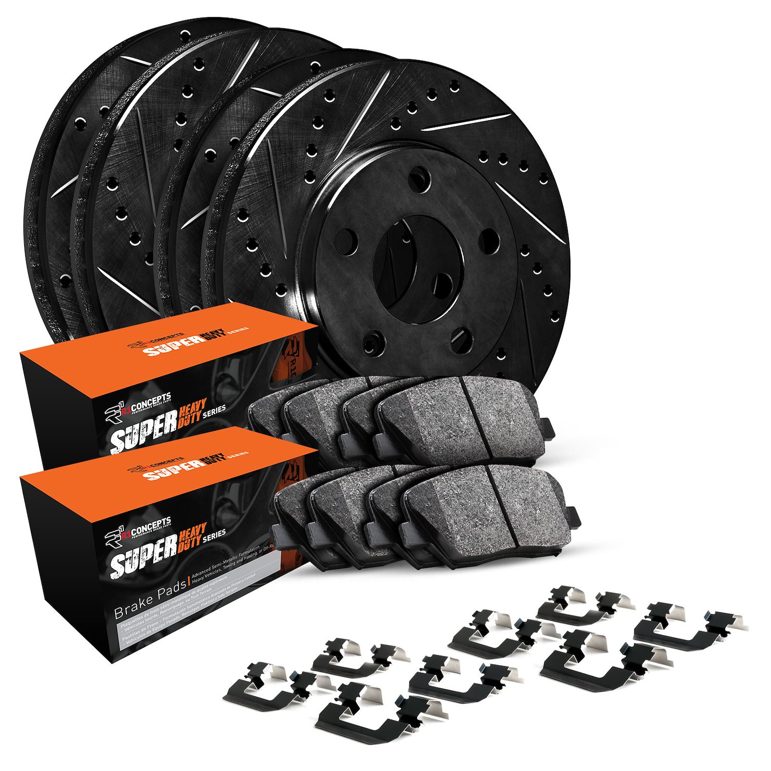 E-Line Black Drilled & Slotted Brake Rotors w/Super-Duty Pads & Hardware Kit, 2014-2020 GM, Position: Front & Rear