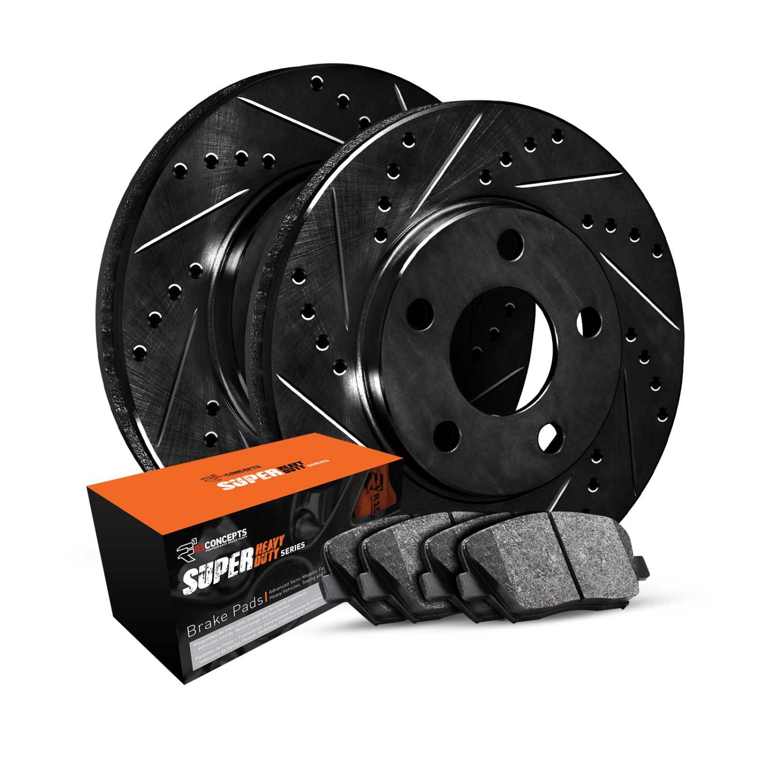 E-Line Drilled & Slotted Black Brake Rotor Set w/Super-Duty Pads, 2012-2020 Ford/Lincoln/Mercury/Mazda, Position: Rear