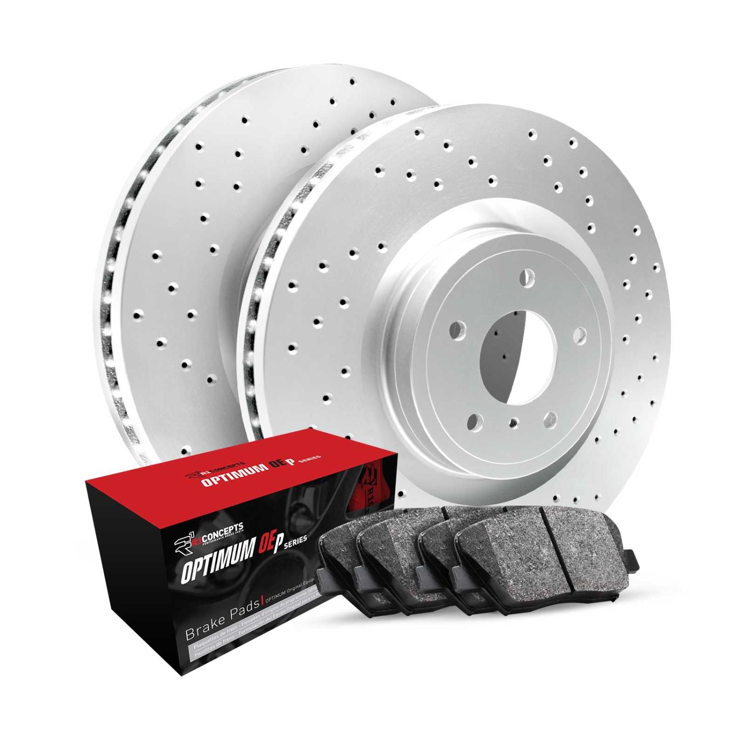 GEO-Carbon Drilled Brake Rotor Set w/Optimum OE Pads, 2001-2015 Mercedes-Benz, Position: Front