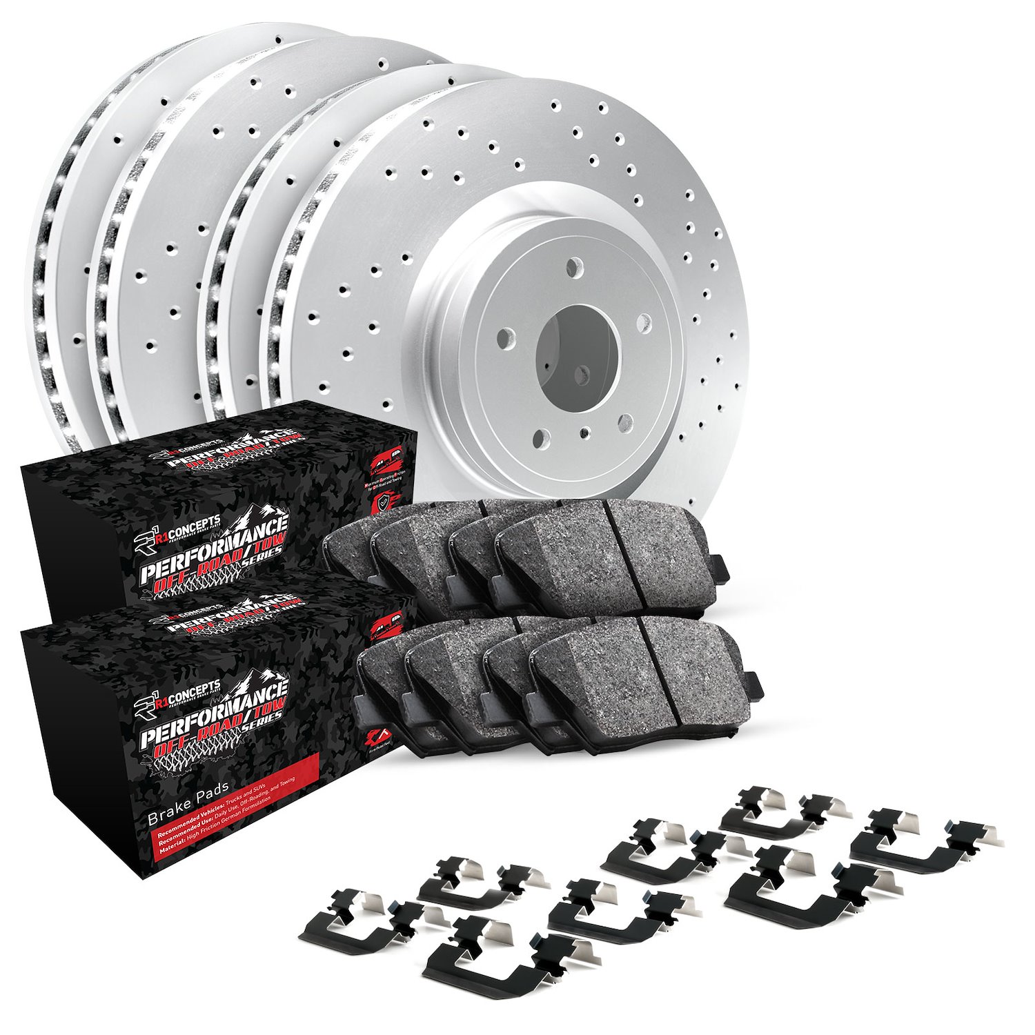 GEO-Carbon Drilled Brake Rotor Set w/Performance Off-Road/Tow Pads & Hardware, 2009-2018 Mopar, Position: Front & Rear