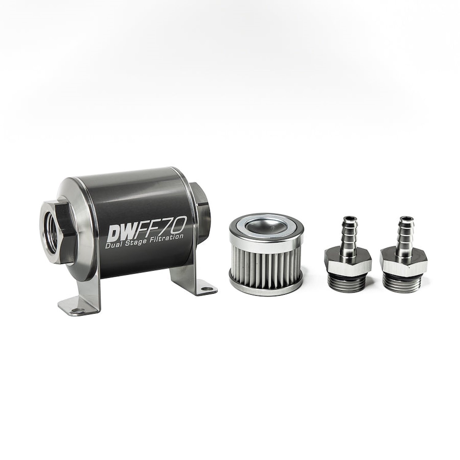 803070010K51 In-line fuel filter element and housing kit stainless steel 10 micron 5/16in hose barb 70mm. Universal