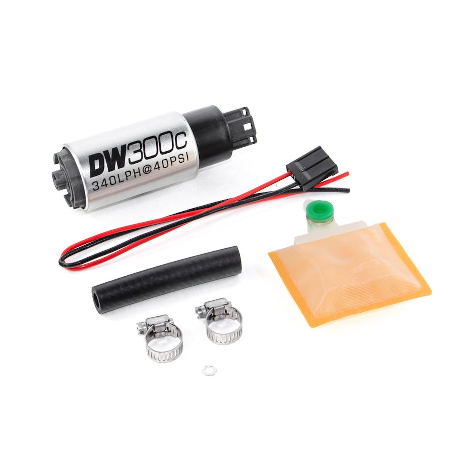 93071000 DW300C series 340lph compact fuel pump without mounting clips w/ Universal Install Kit.