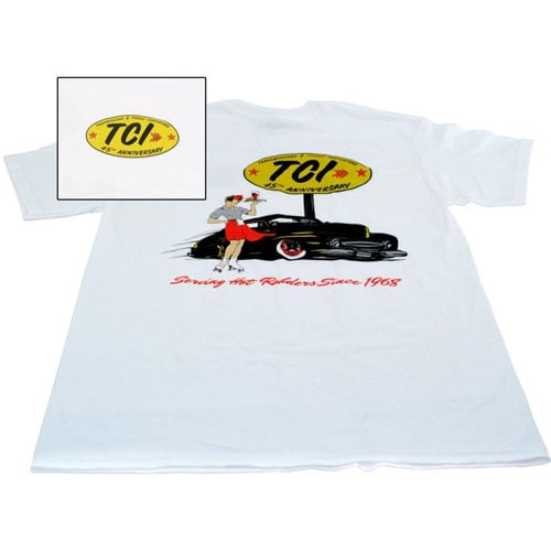 Street Rod T-Shirt Front: Retro-Styled Yellow and Black TCI 45th Anniversary Logo on the Left Chest