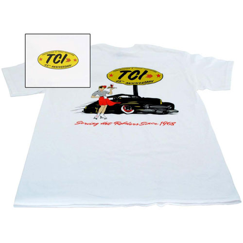 Street Rod T-Shirt Front: Retro-Styled Yellow and Black TCI 45th Anniversary Logo on the Left Chest