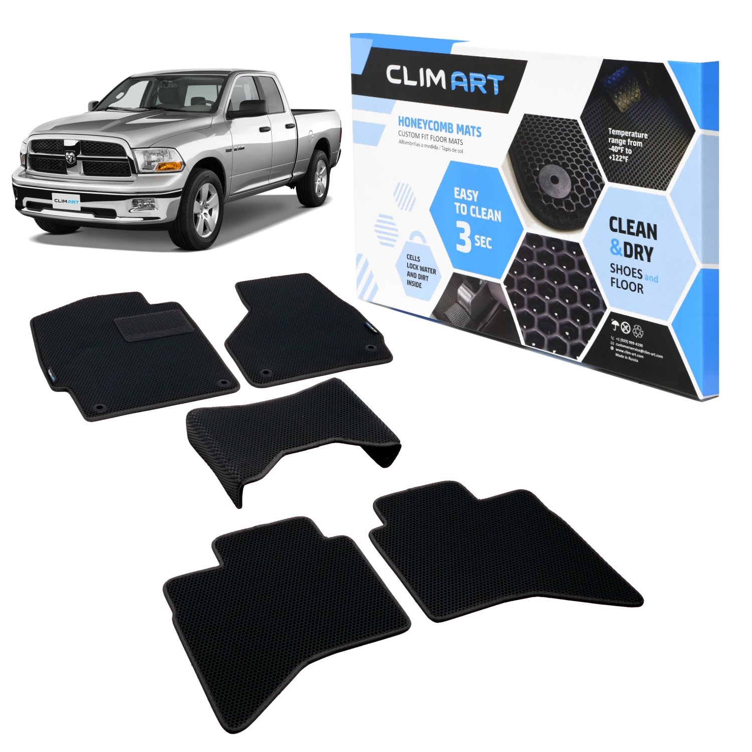 CLIM ART Honeycomb Custom Fit Floor Mats for 2009-2018 Dodge RAM 1500 Quad Cab